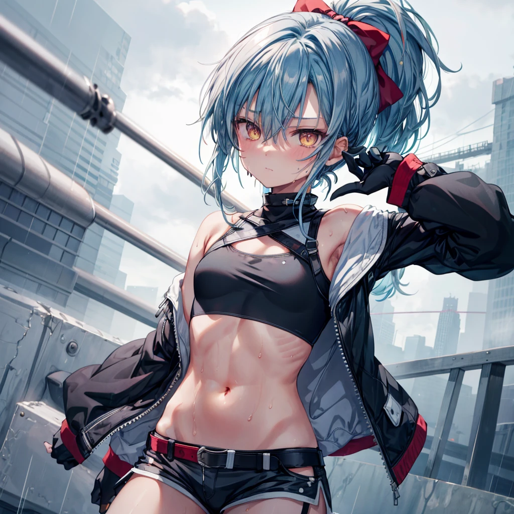 ((Highest quality)), ((masterpiece)), ((detailed)), (4K), a girl with blue hair and a top with short sleeves holding a screw driver, 1girl, 独奏, long hair, blue hair, white hair, navel, gloves, shorts, breasts, sweat, wrench, short shorts, very long hair, underwear, panties, holding, belt, arm up, ponytail, small breasts, blurry background, gray sky, rain, looking at viewer, black gloves, white panties, sports bra, wiping sweat, bow, bare shoulders, bangs, cowboy shot, yellow eyes, midriff, hair bow, (expressionless), face focus