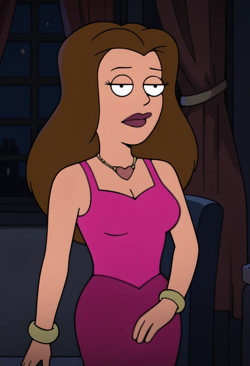 , looking at viewer, score_9, score_8_up, score_7_up, score_6_up, score_5_up, score_4_up lisasilver, jewelry, brown hair, dress, long hair, necklace, 1girl, bracelet, breasts, lipstick, window, cleavage, heart, makeup, solo, medium breasts, flat color, purple dress