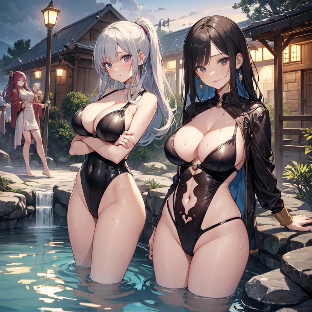 A group of women set in a medieval fantasy world、Dragon Quest、 (At the hot spring), Mr..々Hairstyle, Harem, night, detailed aspects,  Seduce, Huge 、Big Ass、Widaist、Wet bath towel