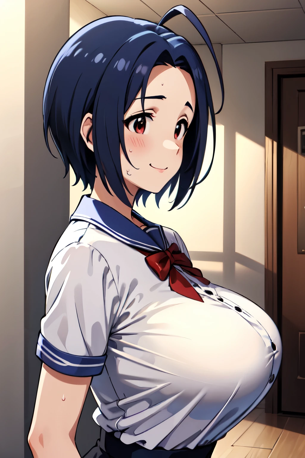 masterpiece, best quality, highres, aaazusa, short hair, ahoge, parted bangs, ,school uniforms, outdoors, Alley,Shade,Dimly lit place,A kind smile,Shyness,sweat,breath,blush,(large breast:1.2),huge breast,big tits,busty,Curvaceous,Hourglass Shape,A well-defined figure,slender,Big chest and small waist,((breast focus)),hands on breasts,Upper Body