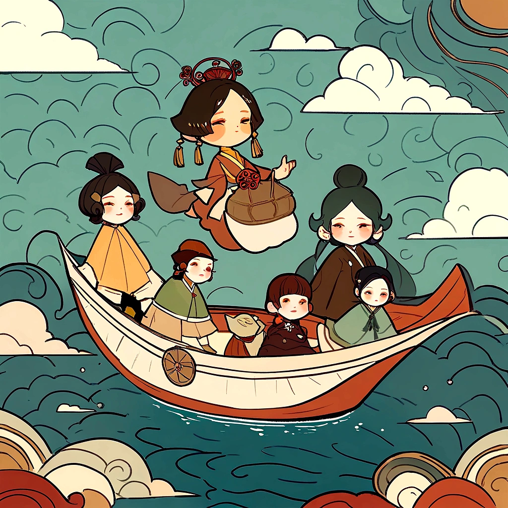 Illustration of a boat carrying people sailing on a river, an illustration of inspired by Victo Ngai, guanyin of the southern seas, ( ( victo ngai ) ), dreamland of chinese, victo ngai style, botticelli and victo ngai, victo ngai! pastel colour, victo ngai fine texture