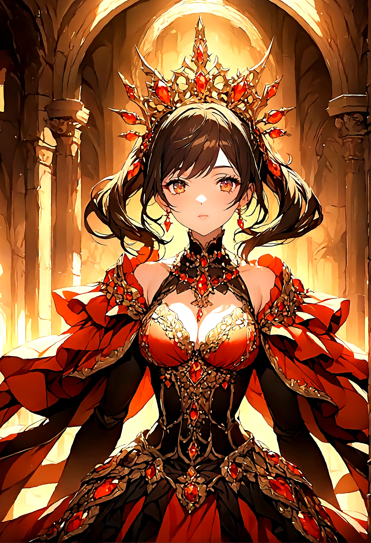 tmasterpiece,Highest image quality,Beautiful bust of a royal lady,Delicate black hairstyle,Amber eyes are clear,Embellished with a dazzling array of intricate jewelry,super detailing,upscaled。