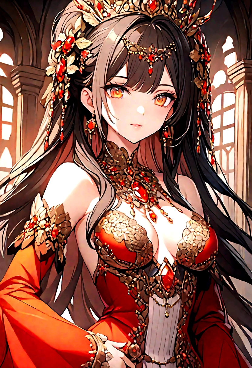 tmasterpiece，Highest image quality，Beautiful bust of a royal lady，Delicate black hairstyle，Amber eyes are clear，Embellished with a dazzling array of intricate jewelry，super detailing，upscaled。