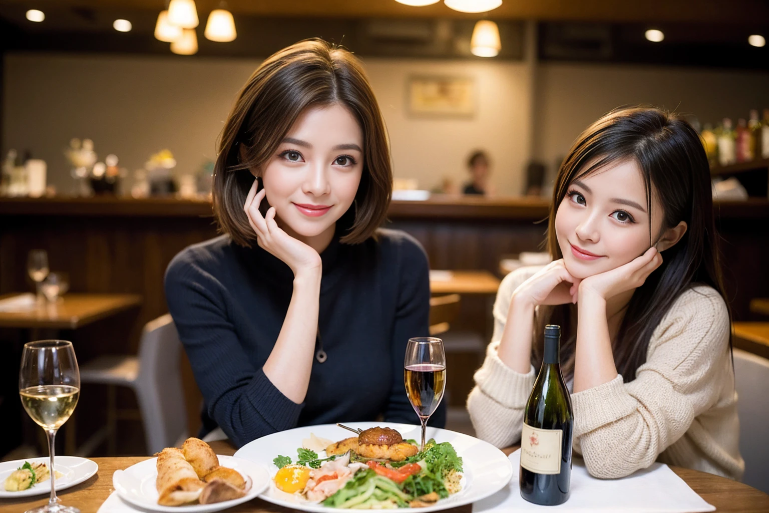 ((Highest quality、8K、masterpiece:1.3))、cute、slimカップル、modelカップル、(Realistic, Intricate details:1.2), full-course dinner、Wine Party、Amazing view of the sunset sky and clouds、A bright smile、The wonderfulness of smile、Bright image、The beauty of wine, Beautiful Face, blue eyes, The light shines on your face, Blushing, short hair,Bright Face、 (Age 43), 39 years old, red wine 、Appetizers、Italian food、Wine bottle、Champagne、sparkling wine、Two beauties、Brown Hair、Shortcuts、Long sleeve shirt、dress、Beautiful woman 1, (slimな顔), (The body is slim), (Brown Hair), (Shortcuts), cheeks turn a little red,Attractive beauty、restaurant, In a prominent place (From the waist up) Nova Frog Style, actress, model, Upper Body, White wine, slim, wine glass, 中央に置かれたwine glass, smile, (smile: 1.15), Beautiful fine grain, Depth f/2,saturation, High Contrast, Strong light and shadow,Moist Body:1.5、3D texture、Delicate eyes、Brown Hair、The hair is very shiny、