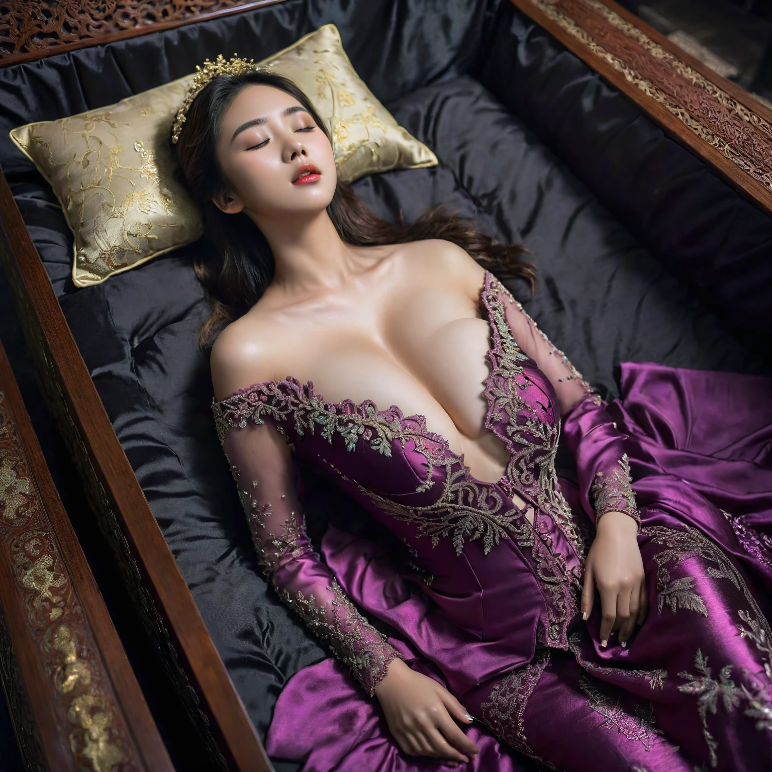 In a striking 8K HDR scene, a stunning Korean woman, 22 years old, lies peacefully in a black coffin surrounded by plush pillows. The deep box is set against a rich black background, accentuating the beauty of the subject. Her exquisite kebaya attire is embroidered with superb detail, showcasing her round and firm breasts, perfect cleavage, and beautiful eyebrows. Her closed eyes and mouth give an air of serenity, while her visible and absolute cleavage leave nothing to imagination. The scene is bathed in saturated colors, highlighting every intricate aspect from the ball skirt to her clean face.