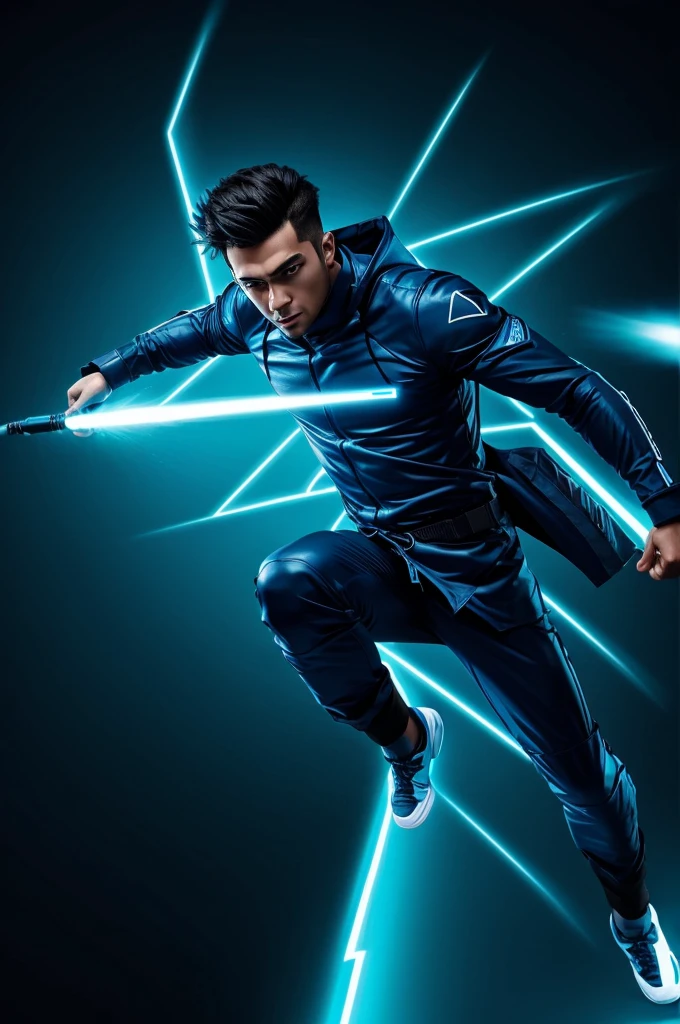 Gocu in anime his body and his clothing with well-defined lines in fluorescent sky blue in attack position with dark background ultra HD resolution.