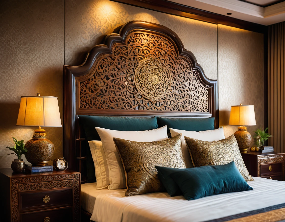 Close-up shot of a luxurious bed in an Indochinese-style bedroom. The headboard is intricately carved with traditional patterns, and the bed is dressed with rich, textured fabrics in deep, earthy tones. The depth of field (dof) effect focuses on the headboard and plush pillows, while the background, including wooden bedside tables and decorative lamps, is softly blurred. The ambient light casts a warm glow, enhancing the room's cozy and elegant atmosphere. 8k resolution, UHD, high-quality detail, depth of field (dof) effect, cinematic standards, Indochinese style, traditional patterns, rich textures, warm lighting, artistic composition, cozy bedroom, soft ambient light.
