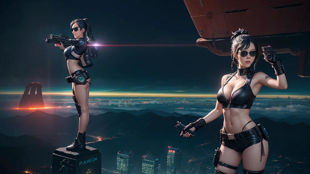 At night, dark sky, aerial view of fantasy cyberpunk style Moai-statue city, ((flying vehicle)). (1girl, solo), photo realistic, medium-breast:1.1 slim body, cleavage, sexy clothes, (black sunglasses), (((hip-up standing aiming pistol pose))), half-body thigh level medium shot, cinematic lighting.