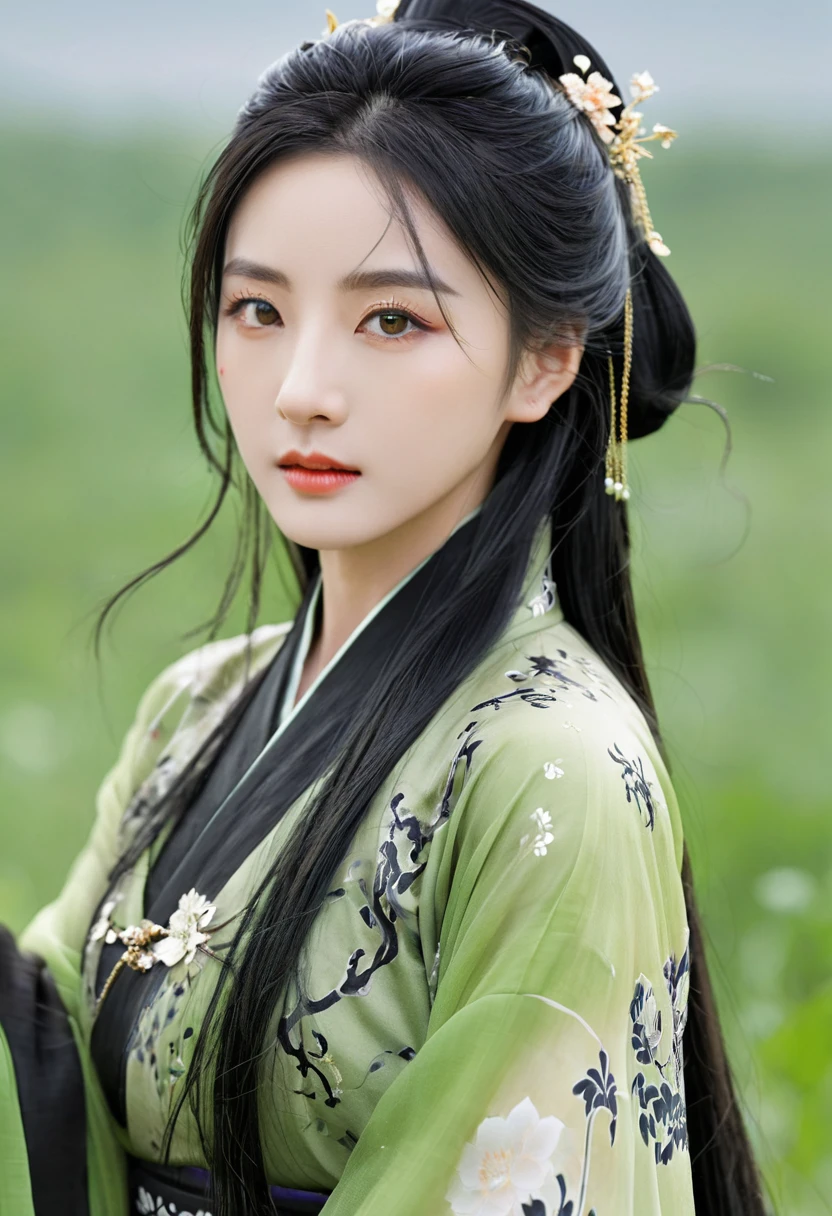 1 girl, Actress, Handsome, Ink splash, Chinese armor, (Upper Body), Black Hair, Flowing hair, Exquisite eyes, Black and green ancient silk Hanfu, Field of view, (f1.8), (masterpiece), (Portraits), front Photo, White background, (poster), arms