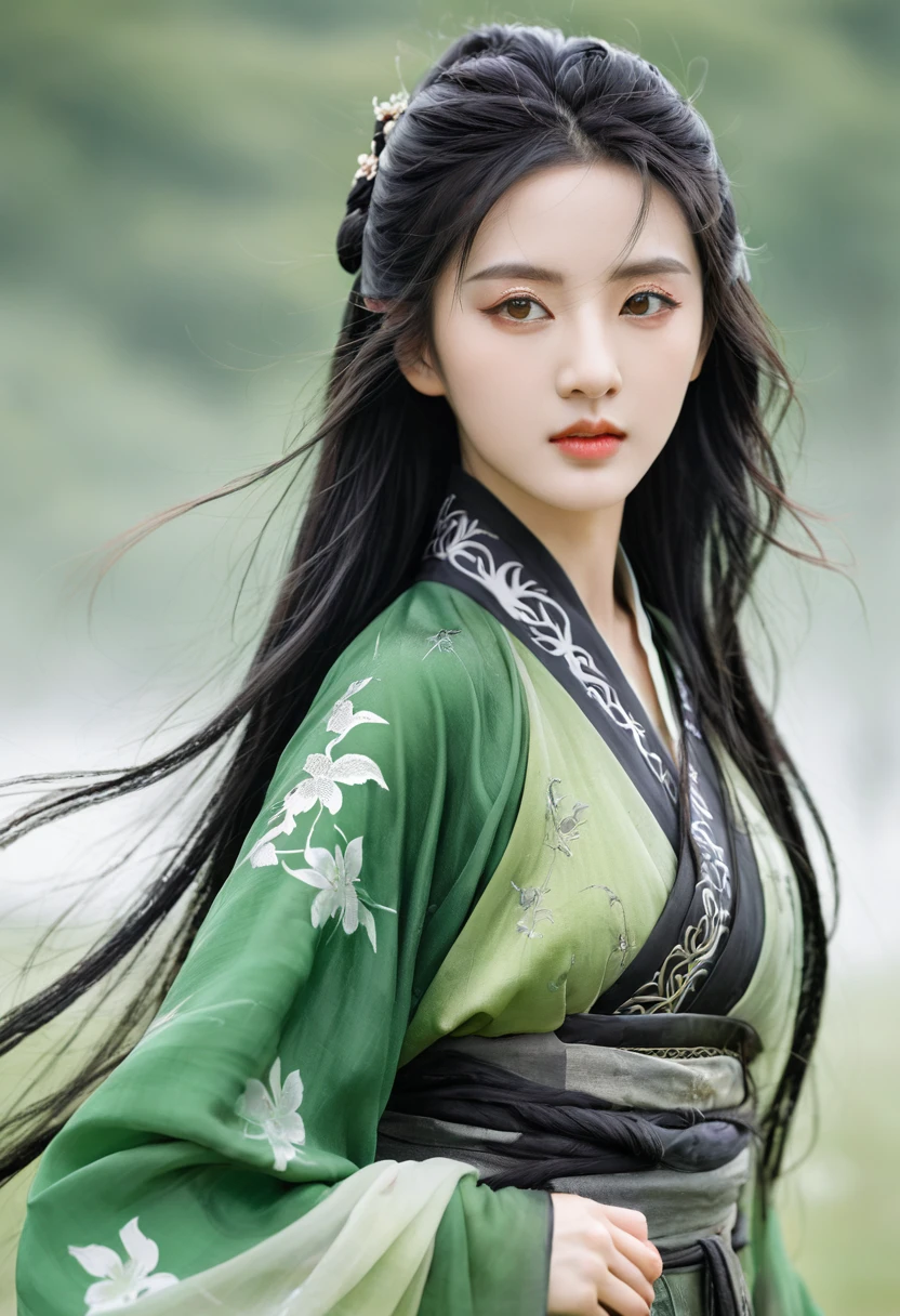1 girl, Actress, Handsome, Ink splash, Chinese armor, (Upper Body), Black Hair, Flowing hair, Exquisite eyes, Black and green ancient silk Hanfu, Field of view, (f1.8), (masterpiece), (Portraits), front Photo, White background, (poster), arms