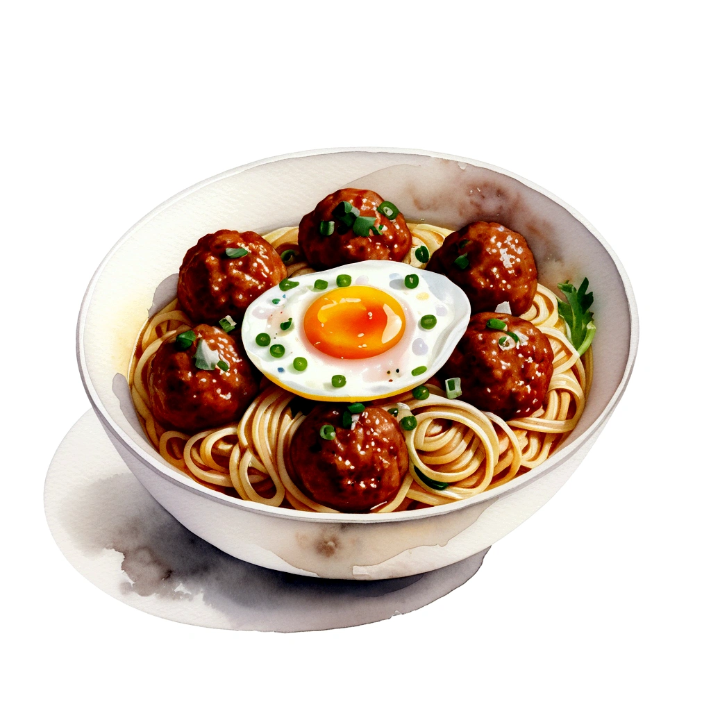 there is a huge extremely delicious bowl of noodle with meatballs and egg, illustration, isolated with solid white background, surrounded with negative space, centered compositon, 8k, highly detailed painting, very precise painting, Isolated, clear brilliant white background, perspective angle of view, realistic, watercolor