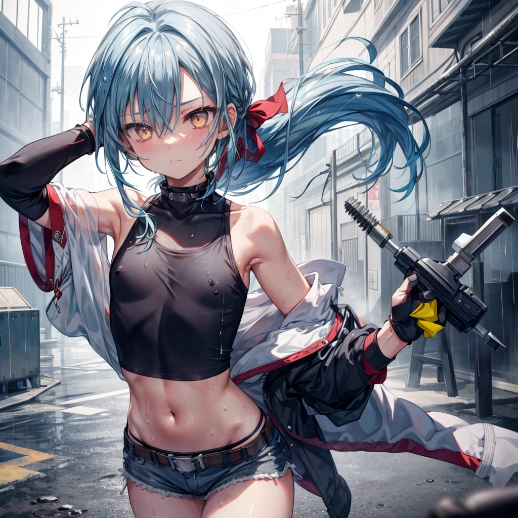 ((Highest quality)), ((masterpiece)), ((detailed)), (4K), a girl with blue hair and a top with short sleeves holding a screw driver, 1girl, 独奏, long hair, blue hair, white hair, navel, gloves, shorts, breasts, sweat, wrench, short shorts, very long hair, underwear, panties, holding, belt, arm up, ponytail, small breasts, blurry background, gray sky, rain, looking at viewer, black gloves, white panties, sports bra, wiping sweat, bow, bare shoulders, bangs, cowboy shot, yellow eyes, midriff, hair bow, (expressionless), face focus