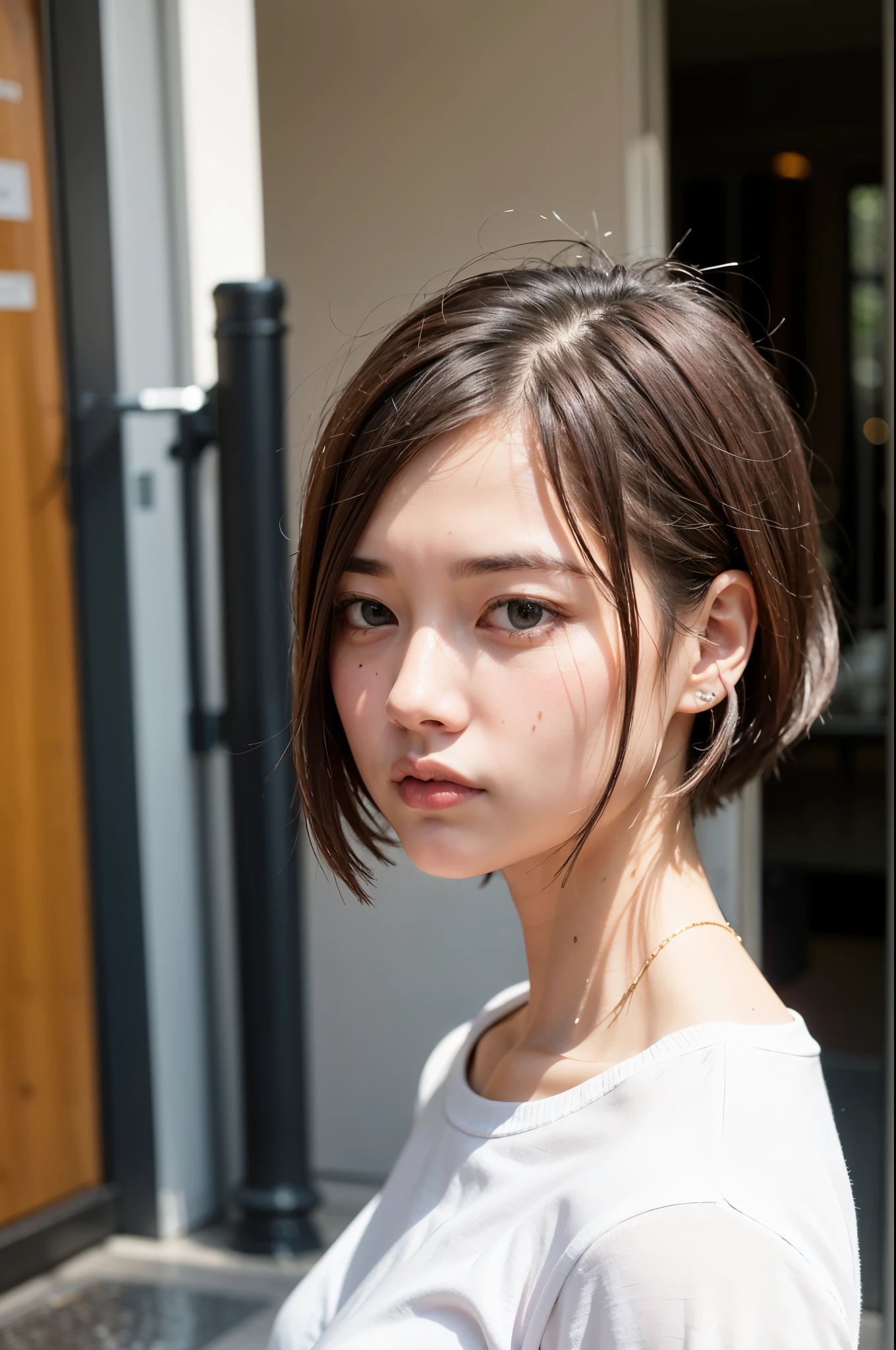 doress、(Photorealsitic:1.4)、(hyper realisitic:1.4)、(realisitic:1.3)、(Smooth lighting:1.05)、(Improved lighting quality in movies:0.9)、32K、1girl in、20 years girl、Realistic lighting、Back lighting、Facial light、raytrace、(brightened light:1.2)、(enhanced quality:1.4)、(Top quality real texture skins:1.4)、finely eye、finerly detailed face、Fine quality eye、(Tired, sleepy and satisfied:0.0)、 close up of face、white t-shirts、(enhance body line mood:1.1)、(Increase the beauty of skin texture:1.1)、((Mio Imada))、Concrete background、Short bob hair with uniform shape on the left and right