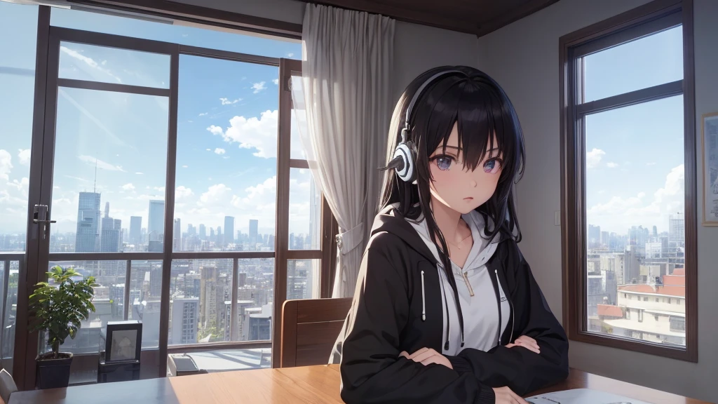 Ultra-high resolution, 8K, (Official Art, beautifully、mysterious:1.2), Anime Art Wallpaper, Works by Makoto Xin Haicheng, Lofi Art Style, Lo-fi feel, Perfect human body composition, Perfect skeleton, Impressive eyes, Oversized hoodie and short skirt, Shiny long black hair, Larger than average bust, Girl listening to music with headphones, Looking out the window, City Room, A room for music lovers, city view from the window, Impressive cityscape, Bright Sky