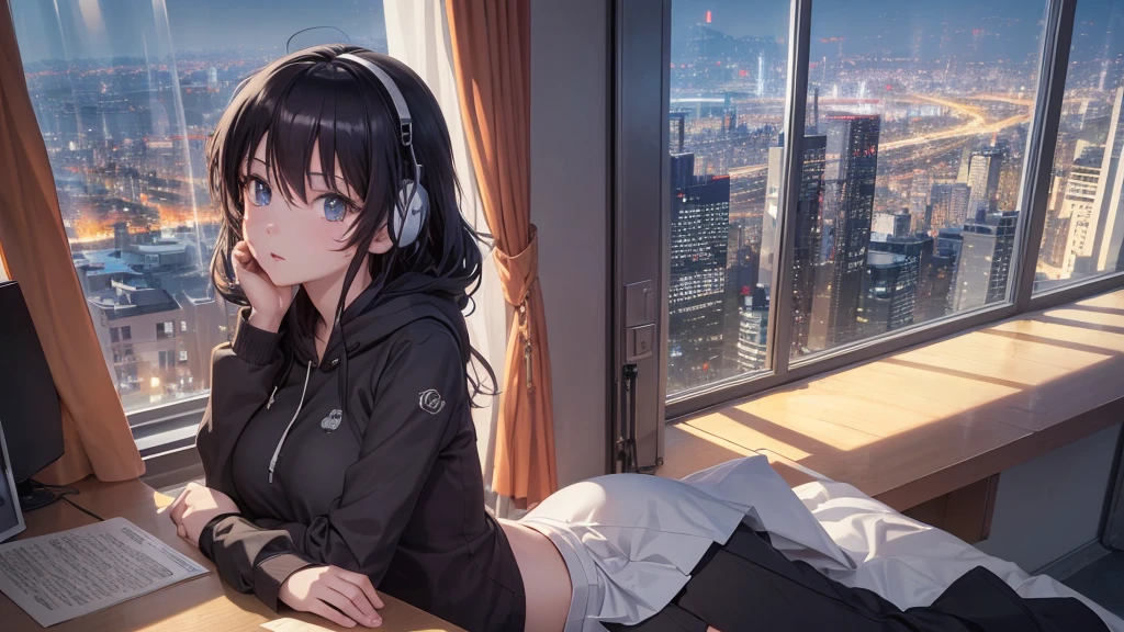 Ultra-high resolution, 8K, (Official Art, beautifully、mysterious:1.2), Anime Art Wallpaper, Works by Makoto Xin Haicheng, Lofi Art Style, Lo-fi feel, Perfect human body composition, Perfect skeleton, Impressive eyes, Oversized hoodie and short skirt, Shiny long black hair, Larger than average bust, Girl listening to music with headphones, Looking out the window, City Room, A room for music lovers, city view from the window, Impressive cityscape, Bright Sky