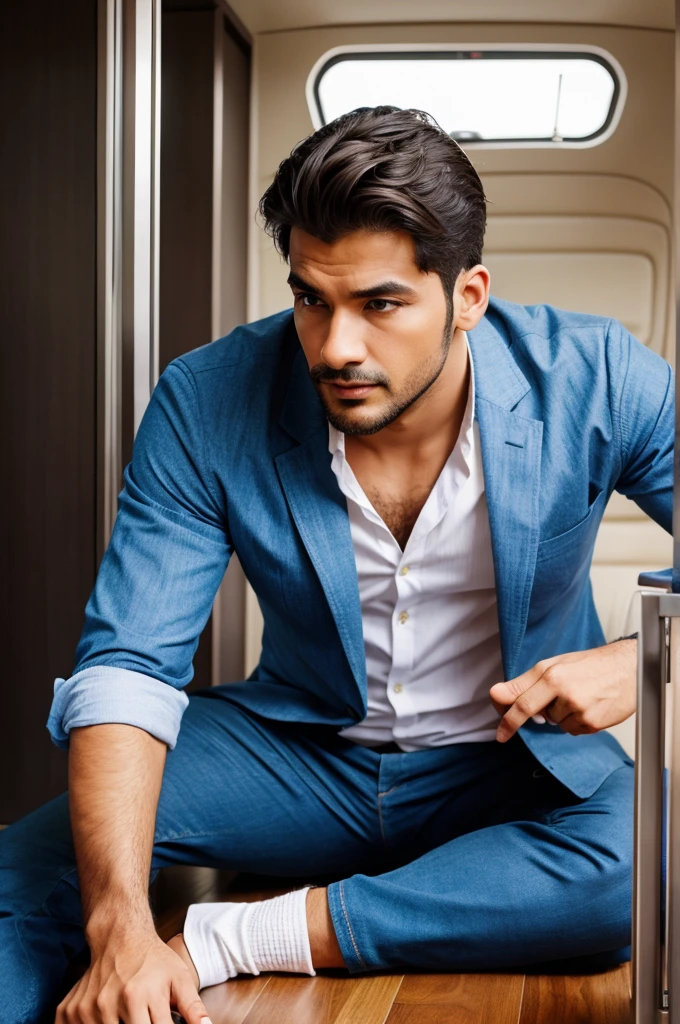 A handsome and sexy man wearing a casual white short and blue suit,and formal pant, , he has gorgeous face,and stylish black hair, and short beard, he is sitting in a cafe, homoerotic, nsfw ,open legs, alluring pose