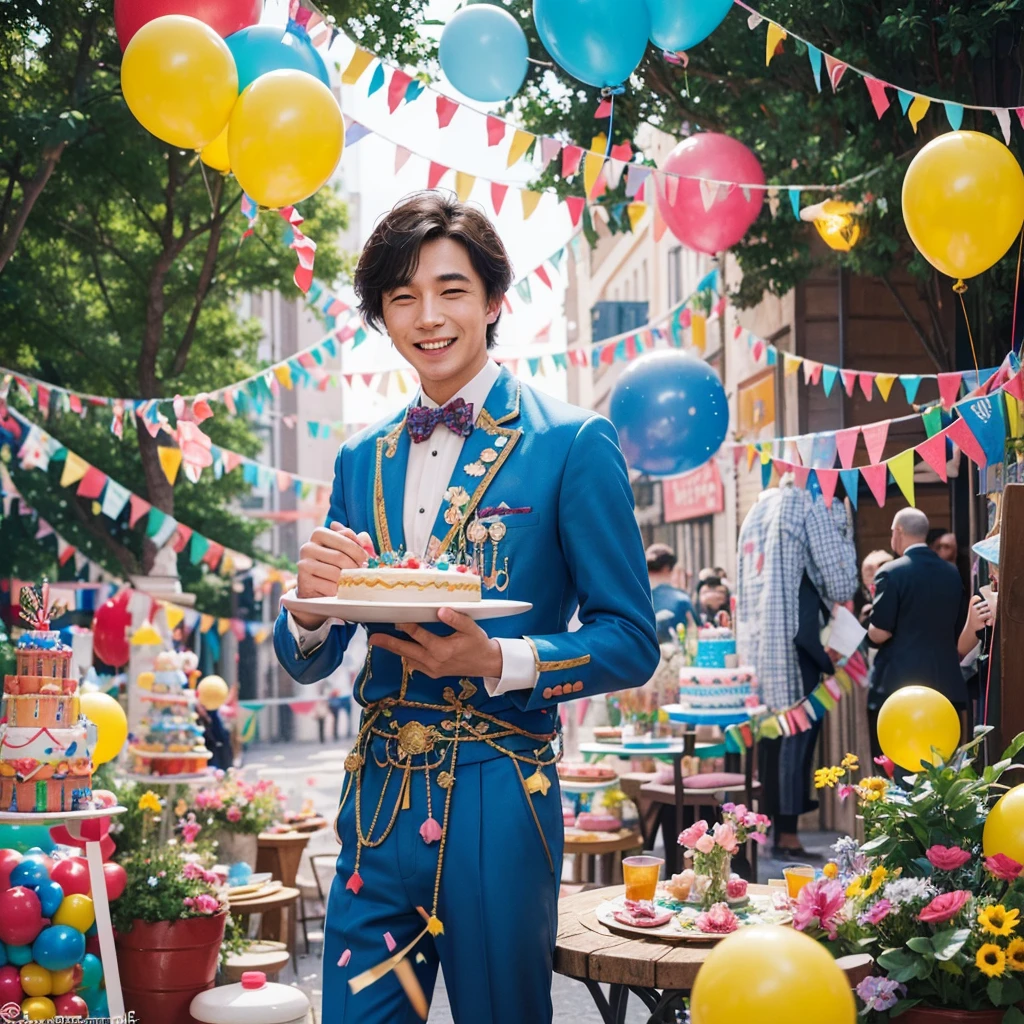 Create a creative and imaginative image of a kind-looking consul man wearing blue clothes and holding a birthday cake. Set him in an unconventional and whimsical setting, such as a magical garden with floating candles and colorful confetti raining down, or a fantastical realm where cakes are giant and candles dance with music. Infuse the image with elements of wonder and celebration, showcasing his role as a bringer of joy and connection.Surround the kind-looking consul man with a vibrant and lively background, such as a festive party scene with balloons, streamers, and joyful guests celebrating. Enhance the atmosphere with bright colors and dynamic elements that symbolize happiness and festivity, creating a visually striking and joyful image.