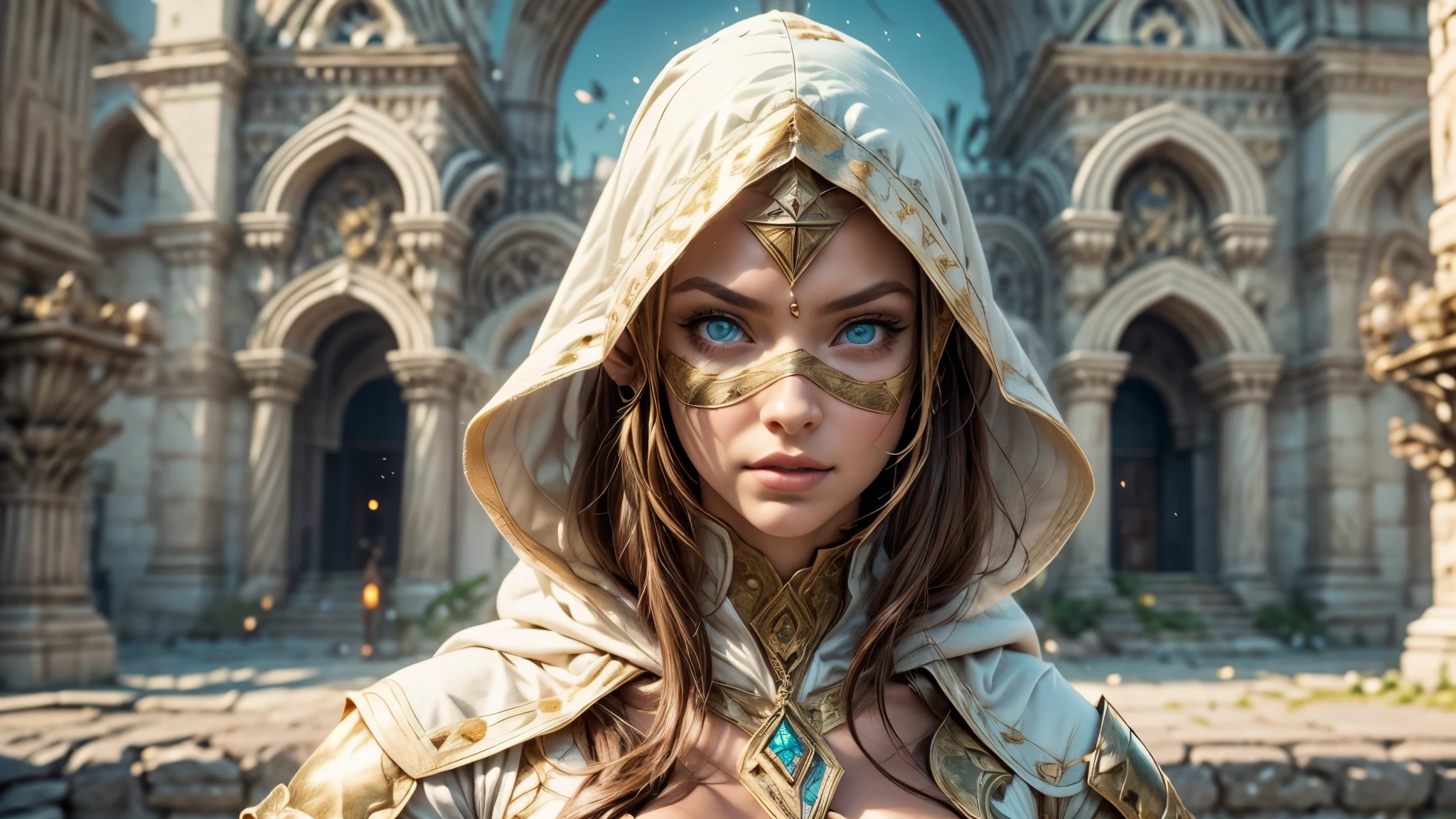 A full-body shot of Princess Zelda, brown hair, blue eyes, dressed as an Assassin from Assassins Creed, in white+gold witha white mask and hood with gold details, XL bust, using a wrist blade. Background: A city during the renaissance period. Unreal Engine 5, Anime, Anime style, Masterpiece, Well drawn eyes, well drawn face, well detailed eyes, well detailed face, 8k, light and shadow effect.
