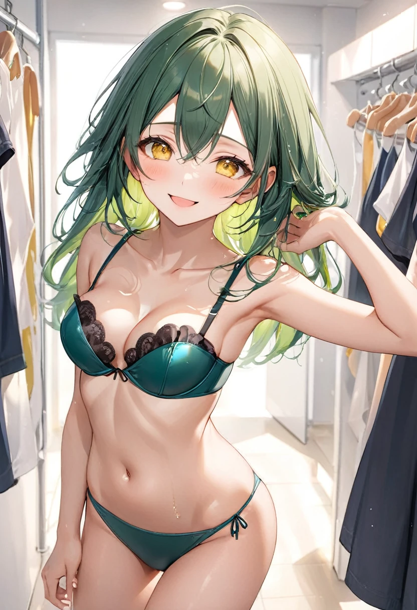 (pov Swimwear style) (beautiful body), (solo:2, 15 yo, green hair long hair cute girl, ecstasy yellow eyes, ecstasy smile, love mode, medium tits), (in a Double exposure one piece bustier swimsuit), break, in the Swimsuit changing room, background love, BREAK, perfect anatomy, masterpiece, best quality, 16k, beautiful detailed love, sexy, daydreaming expression.