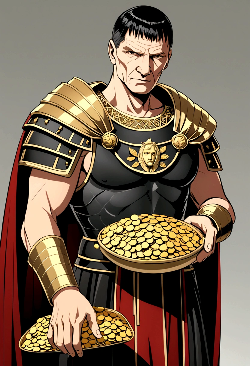 "A detailed image of Marcus Crassus, wearing a laurel wreath and Roman attire, standing forward and holding a large bag of gold coins. He displays a confident and serious expression, no evil smile. Crassus's wealth is highlighted by the purse overflowing with coins, no other background elements to keep the focus on him and his wealth."
Size: "1024x1024"