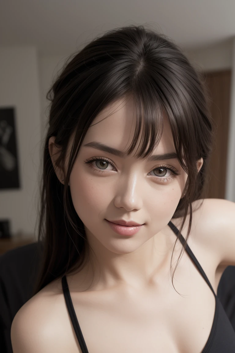 anna1,1girl, solo, (realistic),(hyperrealism),(best quality),(masterpiece),(ultra high res),(photorealistic),(film grain),(underwear , pov , close view , looking at viewer  milf),eye makeup,detailed eyes,detailed bedroom  , smile ,