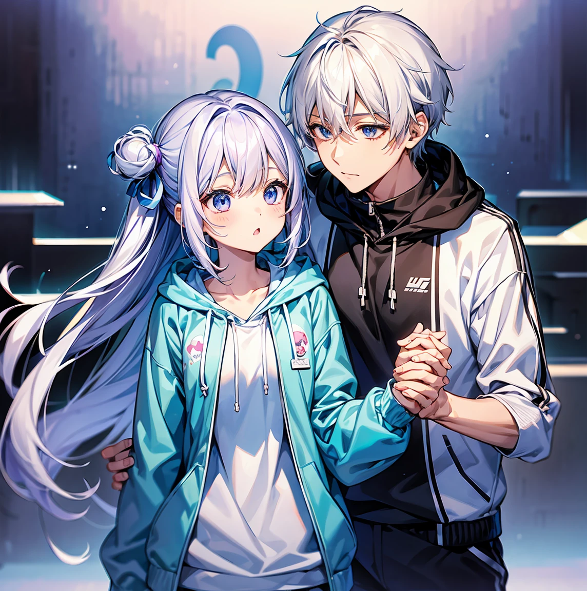 girl、cute、{{{Three people}}}、One of them had her long purple hair down and was wearing headphones and a tracksuit-like outfit.、もう一人はピンクの長い髪をしたの方でくくっていて元気でcuteドレスに、The other person has short light blue and white hair, a hoodie and a skull-like pin.、They get along well、Holding hands、looks fun、Three peopleで円になっている