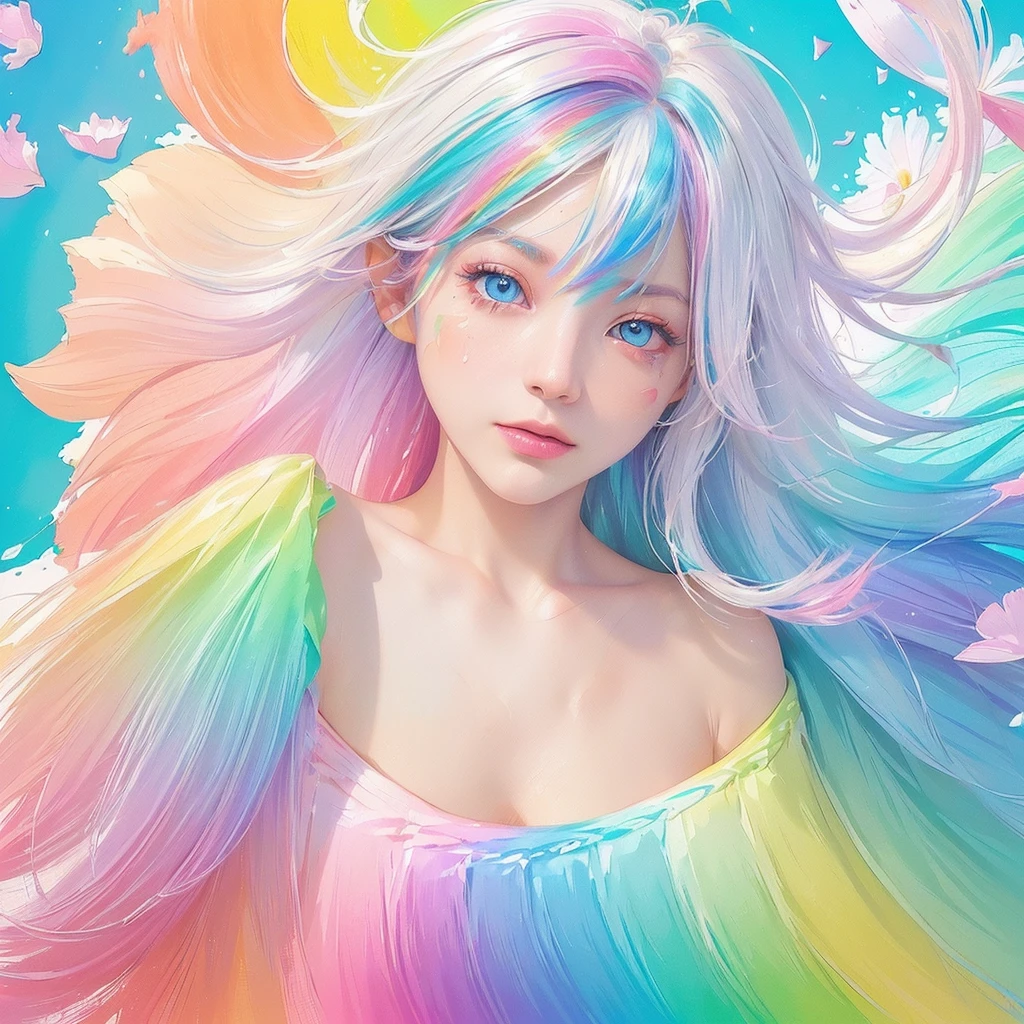 (Pink Fashion T-shirt:1.9),(Colorful hair: 1.8), (all the colours of the rainbow: 1.8),(((((vertical painting:1.6))), (painting:1.6),front, comics, illustrations, paintings, large eyes, crystal clear eyes,( rainbow color gradient high ponytail:1.7), exquisite makeup, closed mouth,(Small Fresh: 1.5),(Wipe Chest: 1.6) ,long eyelashes, white off shoulder T-shirt, White Shoulder Shirt,looking at the audience, large watery eyes, (rainbow colored hair:1.6), color splash, (solo:1.8), color splash, color explosion, thick paint style, messy lines, ((shining)),(colorful), (colorful), (colorful), colorful, Thick Paint Style, (Splash) (Color Splash), Vertical Painting, Upper Body, Paint Splash, Acrylic Pigment, Gradient, Paint, Highest Image Quality, Highest Quality, Masterpiece, Solo, Depth of Field, Face Paint, colorful clothes, (Elegant: 1.2), gorgeous,long hair, wind, (Elegant: 1.3), (Petals: 1.4),(((masterpiece))),(((best quality))),((ultra-detailed)),(illustration),(dynamic angle),((floating)),(paint),((disheveled hair)),(solo),(1girl) , (((detailed anima face))),((beautiful detailed face)),collar,bare shoulders,white hair, ((colorful hair)),((streaked hair)),beautiful detailed eyes,(Gradient color eyes),(((colorful eyes))),(((colorful background))),(((high saturation))),(((surrounded by colorful splashes))),