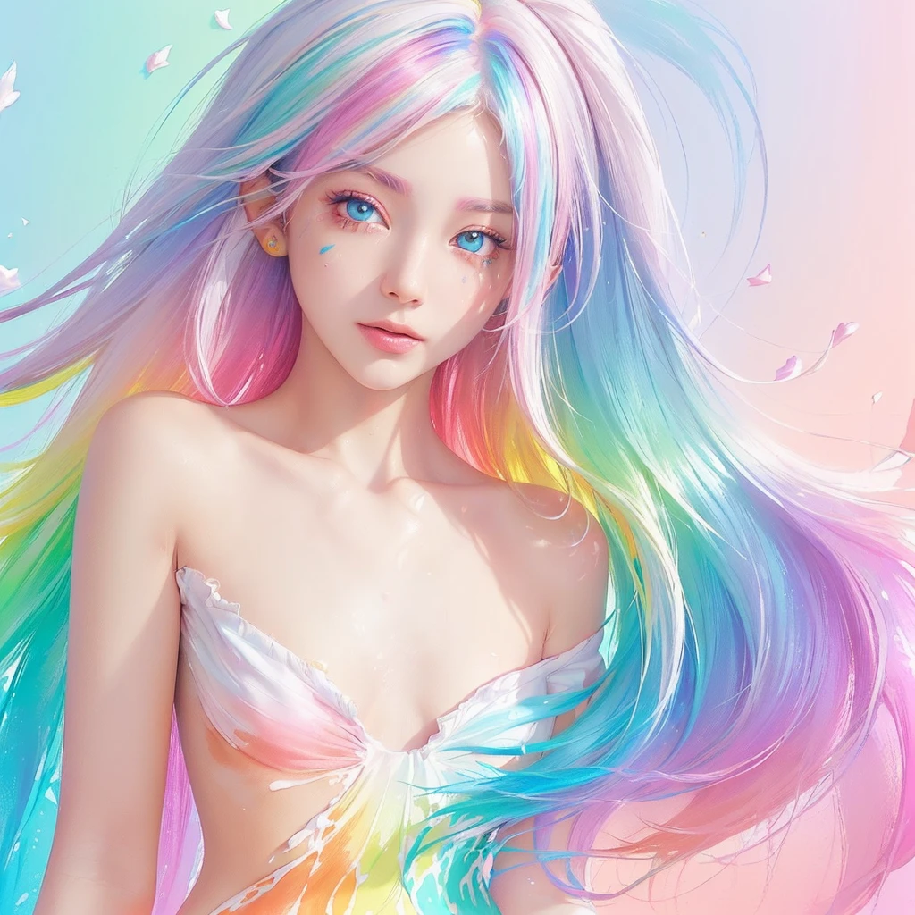 (Pink Fashion T-shirt:1.9),(Colorful hair: 1.8), (all the colours of the rainbow: 1.8),(((((vertical painting:1.6))), (painting:1.6),front, comics, illustrations, paintings, large eyes, crystal clear eyes,( rainbow color gradient high ponytail:1.7), exquisite makeup, closed mouth,(Small Fresh: 1.5),(Wipe Chest: 1.6) ,long eyelashes, white off shoulder T-shirt, White Shoulder Shirt,looking at the audience, large watery eyes, (rainbow colored hair:1.6), color splash, (solo:1.8), color splash, color explosion, thick paint style, messy lines, ((shining)),(colorful), (colorful), (colorful), colorful, Thick Paint Style, (Splash) (Color Splash), Vertical Painting, Upper Body, Paint Splash, Acrylic Pigment, Gradient, Paint, Highest Image Quality, Highest Quality, Masterpiece, Solo, Depth of Field, Face Paint, colorful clothes, (Elegant: 1.2), gorgeous,long hair, wind, (Elegant: 1.3), (Petals: 1.4),(((masterpiece))),(((best quality))),((ultra-detailed)),(illustration),(dynamic angle),((floating)),(paint),((disheveled hair)),(solo),(1girl) , (((detailed anima face))),((beautiful detailed face)),collar,bare shoulders,white hair, ((colorful hair)),((streaked hair)),beautiful detailed eyes,(Gradient color eyes),(((colorful eyes))),(((colorful background))),(((high saturation))),(((surrounded by colorful splashes))),