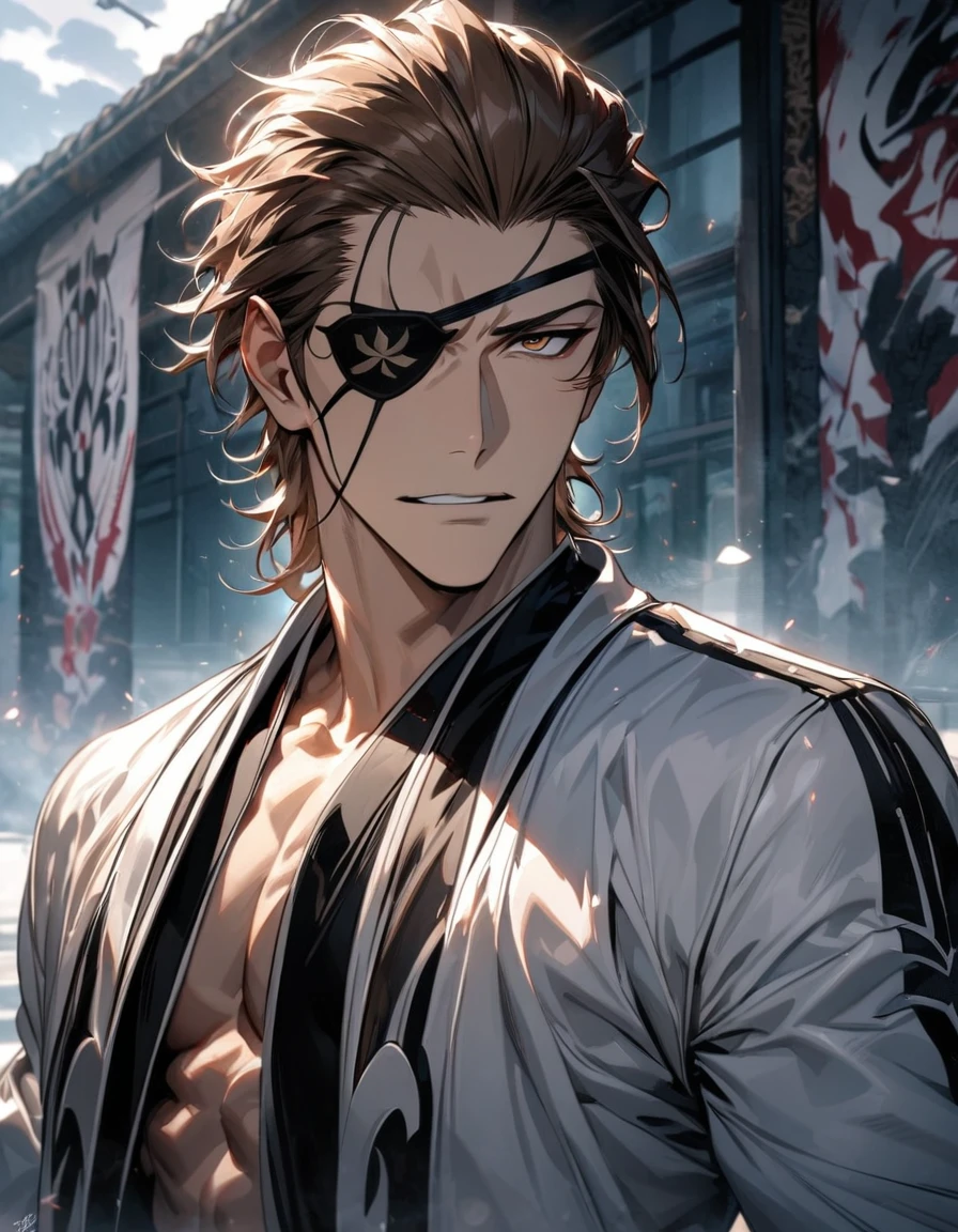 absurdres, highres, ultra detailed, HDR, masterpiece, extremely detailed face and eyes, Aizen Sosuke, brown hair slicked back, expressive brown eyes, Bleach, solo, sexy man, toned chest, handsome, white coat, black shirt,, soul society background, confident expression, wearing Headband eyepatch on his right eye
