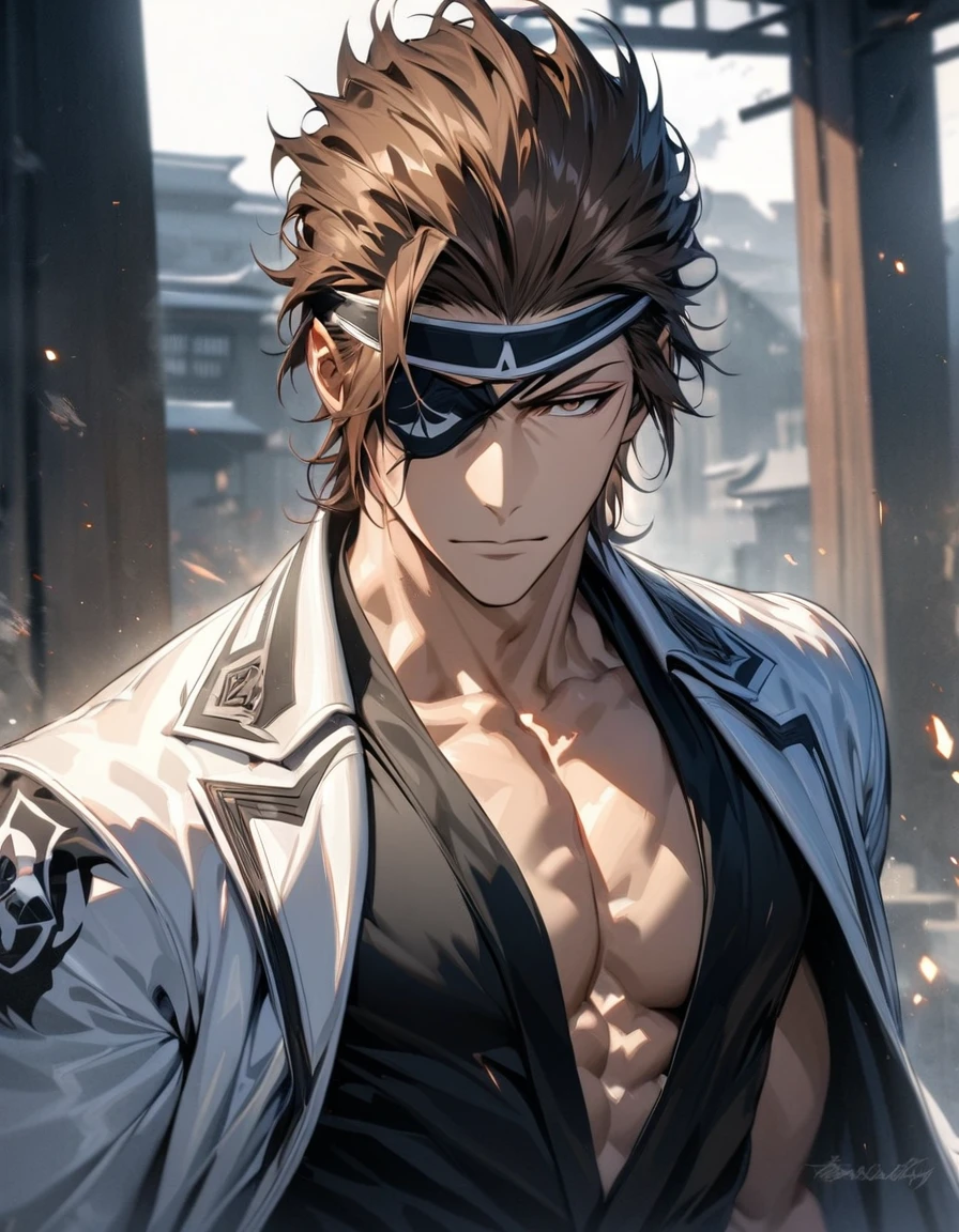 absurdres, highres, ultra detailed, HDR, masterpiece, extremely detailed face and eyes, Aizen Sosuke, brown hair slicked back, expressive brown eyes, Bleach, solo, sexy man, toned chest, handsome, white coat, black shirt,, soul society background, confident expression, wearing Headband eyepatch on his right eye