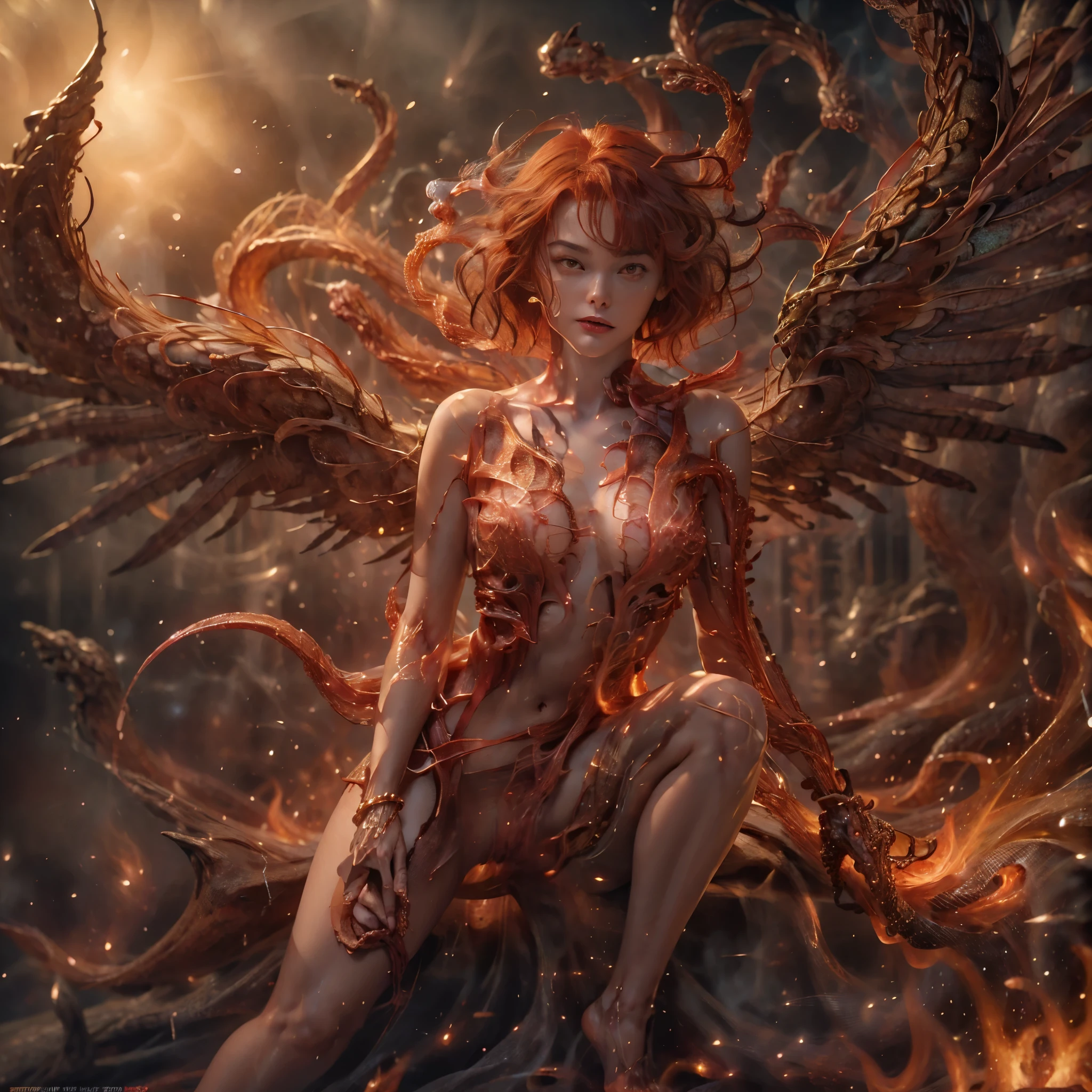 angel on fire, (((8k RAW photo, hyper realistic, masterpiece, best quality, crisp detail, high definition, high detail, very rich detail, sharp focus, sharp detail, colorful, rich color, cinematic, perfect studio lightning, full body photograph, mystic atmosphere))), (((fully naked) young colorful hell goddess, (fully nude), (adorable beautiful , evil round face, smooth straight short hair goddess, red fire haired goddess, red eyed goddess, medium breast, (asian nipples)), (temptating pose, showing pussy and nipples), smooth body, ideal body, evil smile)), (releasing (hell fire), (showing ((pussy, vagina, genital, nipples)))), ((demonic scorching fire wings, tail)), (incinerated city, meteors shower, night),(six headed serpent behind, flying female demons slaves background)