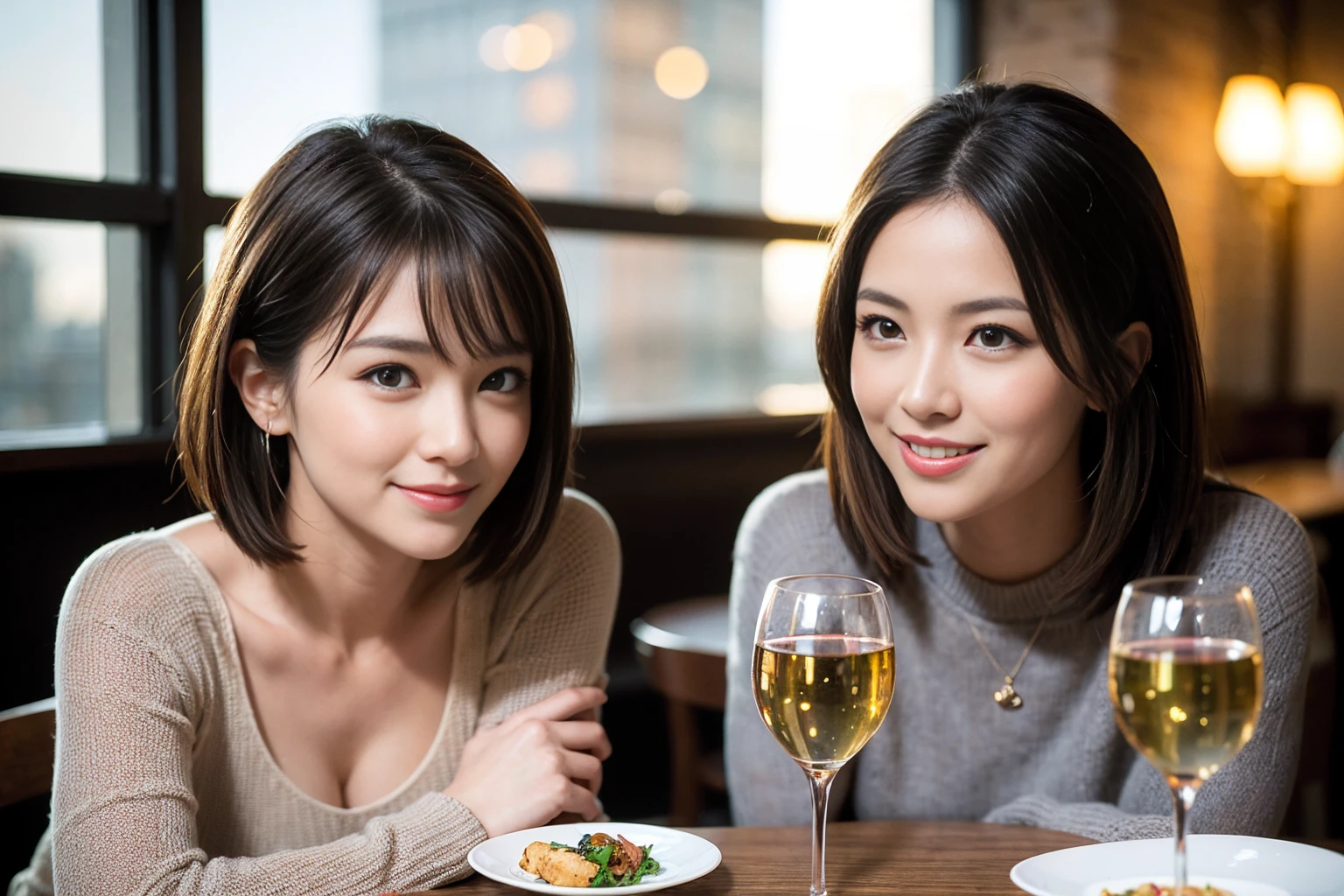 ((Highest quality、8K、masterpiece:1.3))、cute、slimカップル、modelカップル、(Realistic, Intricate details:1.2), full-course dinner、Wine Party、Amazing view of the sunset sky and clouds、A bright smile、The wonderfulness of smile、Bright image、The beauty of wine, Beautiful Face, blue eyes, The light shines on your face, Blushing, short hair,Bright Face、 (Age 37), Age 34, red wine 、Appetizers、Italian food、Wine bottle、Champagne、sparkling wine、Two beauties、Brown Hair、Shortcuts、Long sleeve shirt、dress、Beautiful woman 1, (slimな顔), (The body is slim), (Brown Hair), (Shortcuts), cheeks turn a little red,Attractive beauty、restaurant, In a prominent place (From the waist up) Nova Frog Style, actress, model, Upper Body, White wine, slim, wine glass, 中央に置かれたwine glass, smile, (smile: 1.15), Beautiful fine grain, Depth f/2,saturation, High Contrast, Strong light and shadow,Moist Body:1.5、3D texture、Delicate eyes、Brown Hair、The hair is very shiny、
