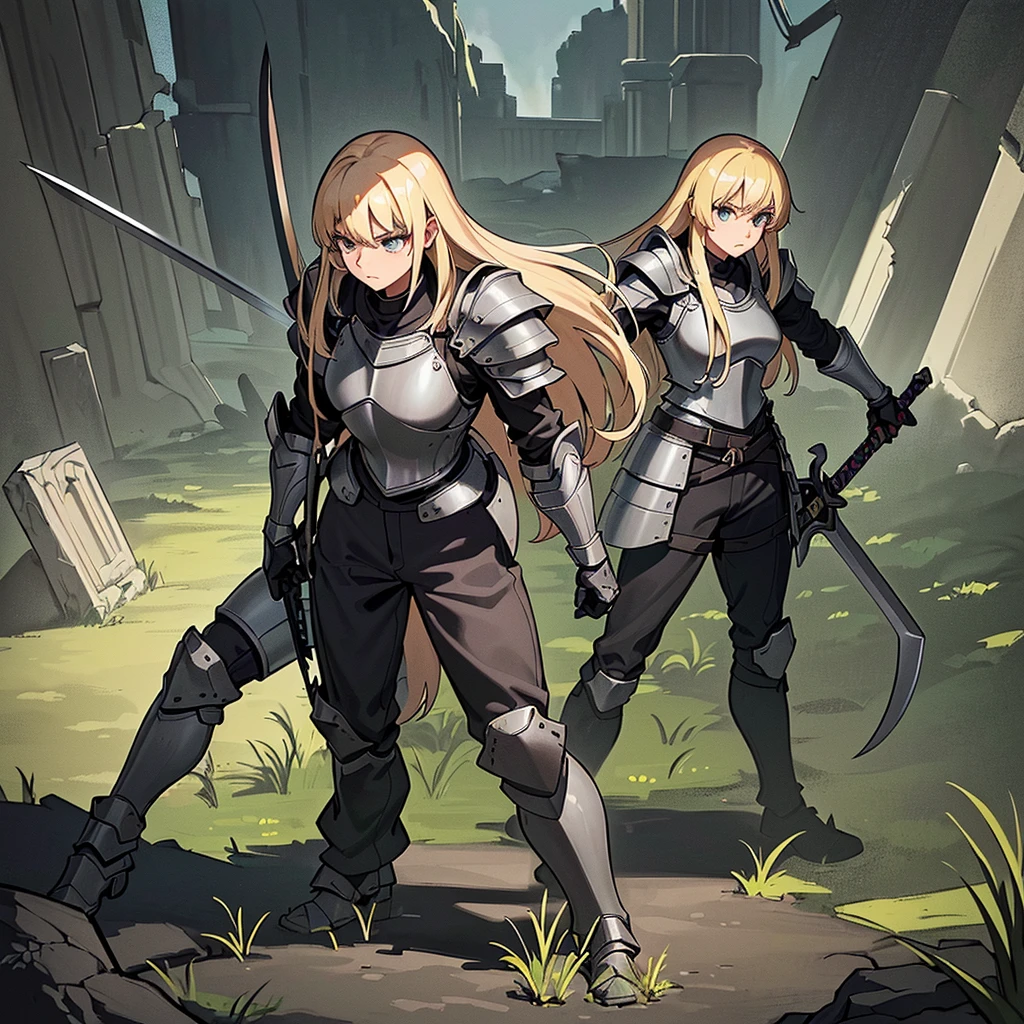 (((Solo)))、Best illustrations、Best Quality、(Full body character concept、detailed)、(((Simple grey armor、Black trousers、Black gloves、woman、18-year-old、Blonde、Long Hair)))、(((Grab the sword、Get Ready)))、(From below)、(Old ruins、Grass)、Fall to the floor、(Black, muddy swamp)