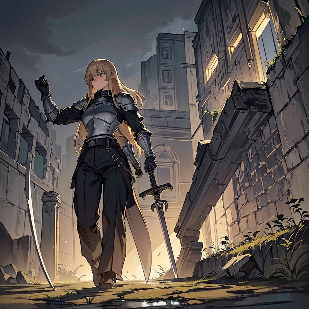 (((Solo)))、Best illustrations、Best Quality、(Full body character concept、detailed)、(((Simple grey armor、Black trousers、Black gloves、woman、18-year-old、Blonde、Long Hair)))、(((Grab the sword、Get Ready)))、(From below)、(Old ruins、Grass)、Fall to the floor、(Black, muddy swamp)