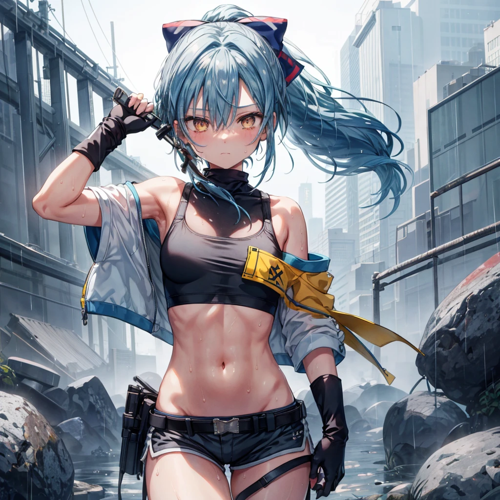 ((Highest quality)), ((masterpiece)), ((detailed)), (4K), a girl with blue hair and a top with short sleeves holding a screw driver, 1girl, 独奏, long hair, blue hair, white hair, navel, gloves, shorts, breasts, sweat, wrench, short shorts, very long hair, underwear, panties, holding, belt, arm up, ponytail, small breasts, blurry background, gray sky, rain, looking at viewer, black gloves, white panties, sports bra, wiping sweat, bow, bare shoulders, bangs, cowboy shot, yellow eyes, midriff, hair bow, (expressionless), face focus