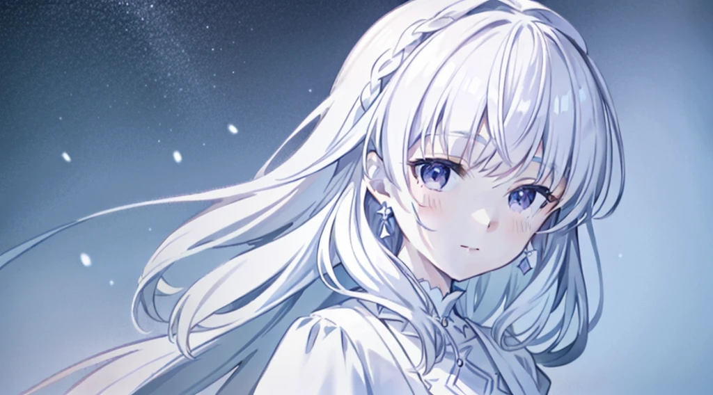 jinshi from wuthering waves, masterpiece, top-quality, illustratio,Snow、Platinum Earrings, Platinum Necklace, white dres, 1girl in, cute little, illuminating, delicated facial features, A detailed eye, Many Small Gems、kirakira、A lot of rabbits、Pure white、monochromes、White background