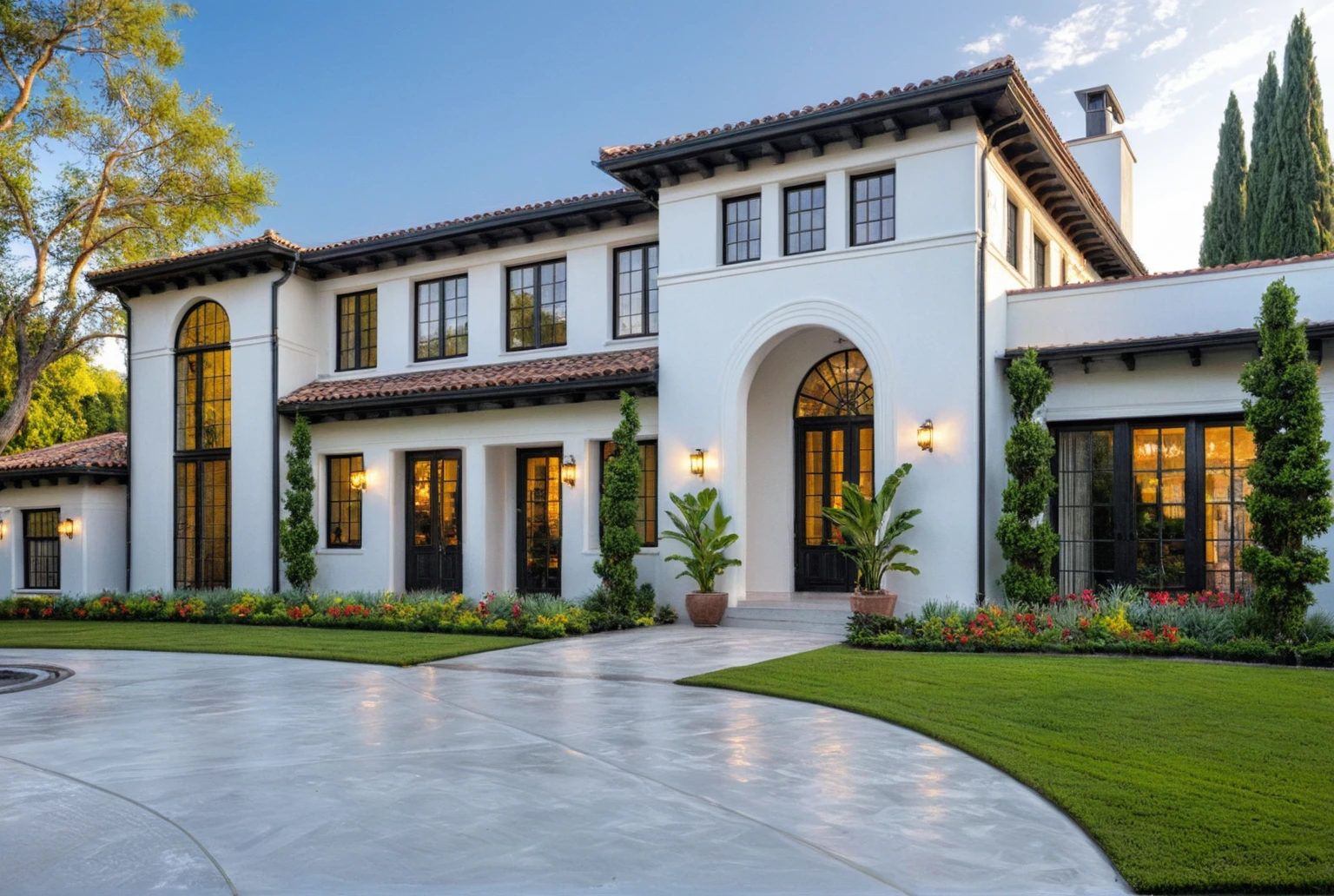 (RAW photo, masterpiece, best quality,ultra-detailed, extremely delicate and beautiful, highresolution, best shadow:1.1), A Mediterranean Italian style home with white stucco walls, black accents and windows, large front yard, vivid color, beautiful shrubs and flower, tropical tree and plants, professional photography in the style of an Italian classic home.