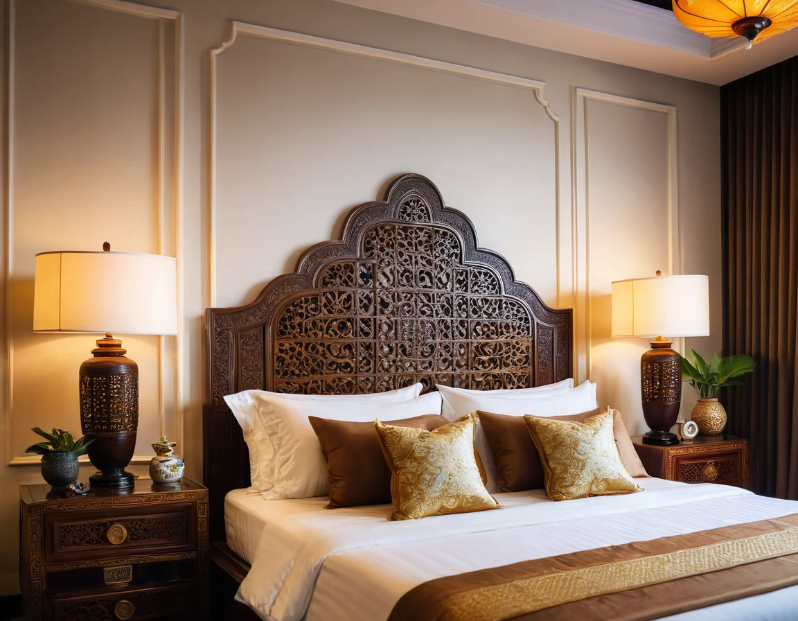 Close-up shot of a luxurious bed in an Indochinese-style bedroom. The headboard is intricately carved with traditional patterns, and the bed is dressed with rich, textured fabrics in deep, earthy tones. The depth of field (dof) effect focuses on the headboard and plush pillows, while the background, including wooden bedside tables and decorative lamps, is softly blurred. The ambient light casts a warm glow, enhancing the room's cozy and elegant atmosphere. 8k resolution, UHD, high-quality detail, depth of field (dof) effect, cinematic standards, Indochinese style, traditional patterns, rich textures, warm lighting, artistic composition, cozy bedroom, soft ambient light.