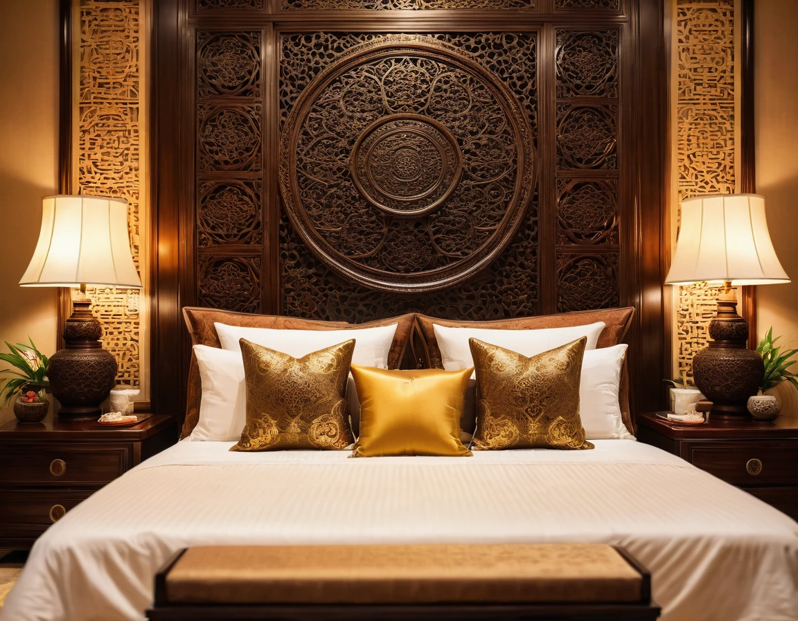Close-up shot of a luxurious bed in an Indochinese-style bedroom. The headboard is intricately carved with traditional patterns, and the bed is dressed with rich, textured fabrics in deep, earthy tones. The depth of field (dof) effect focuses on the headboard and plush pillows, while the background, including wooden bedside tables and decorative lamps, is softly blurred. The ambient light casts a warm glow, enhancing the room's cozy and elegant atmosphere. 8k resolution, UHD, high-quality detail, depth of field (dof) effect, cinematic standards, Indochinese style, traditional patterns, rich textures, warm lighting, artistic composition, cozy bedroom, soft ambient light.
