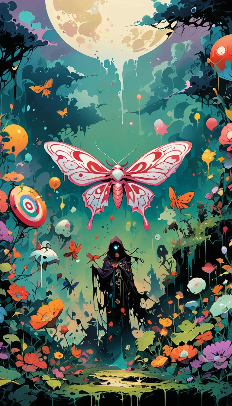 high resolution, high quality , masterpiece .Surrealist ink painting,Colorful, Elements of absurdity and depravity,Ross Chen (ross tran) style of,以燃烧的纸币For reference,Robbie Dewi Antono (Roby Dwi Antono) For reference, ,Moth,Target, mistake, Ghostly Entity Rises Into Neo-Traditional Ink-Dripping Sky, The chiaroscuro lighting enhances the symbolism of death,pill, A moon adorned with eyes that exude breath,Atmosphere. Dark horror style, Disturbing, Crazy Art Conspiracy,inauspicious.