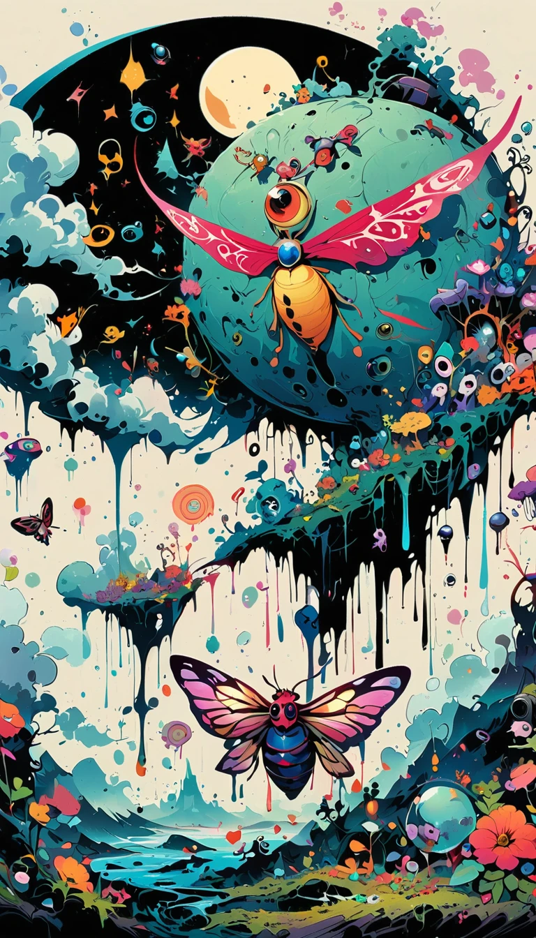 high resolution, high quality , masterpiece .Surrealist ink painting,Colorful, Elements of absurdity and depravity,Ross Chen (ross tran) style of,以燃烧的纸币For reference,Robbie Dewi Antono (Roby Dwi Antono) For reference, ,Moth,Target, mistake, Ghostly Entity Rises Into Neo-Traditional Ink-Dripping Sky, The chiaroscuro lighting enhances the symbolism of death,pill, A moon adorned with eyes that exude breath,Atmosphere. Dark horror style, Disturbing, Crazy Art Conspiracy,inauspicious.