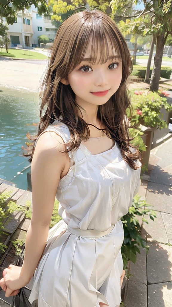 1girl, woman, beautiful, medium breasts, flirtatious look, high res, (1girl eyes looking at viewer:1.55), Simple Background, Emphasis on the chest, whole body, cute face, beautiful face, nipple, light smile, (skirt lift:1.2), skirt lift pov, constricted waist, blush, shy, panties, underwear, 25 years old woman, skirt lift, flipped my skirt, (perfectly detailed face), looking at viewer:1.8, girl in summer cloth, camisole, Plain costumes, White outfit, one piece dress, mini skirt, park, seaside park, photorealistic, (bokeh), photorealistic, depth of field, best quality, anatomically correct, super detail, textured skin, UHD, 8k