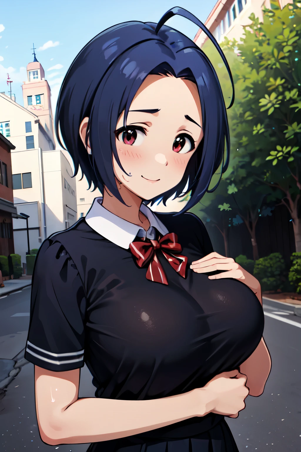 masterpiece, best quality, highres, aaazusa, short hair, ahoge, parted bangs, ,school uniforms, outdoors, Alley,Shade,Dimly lit place,A kind smile,Shyness,sweat,breath,blush,(large breast:1.2),huge breast,big tits,busty,Curvaceous,Hourglass Shape,A well-defined figure,slender,Big chest and small waist,((breast focus)),hands on breasts,Upper Body,Landscape,Long breasts in front