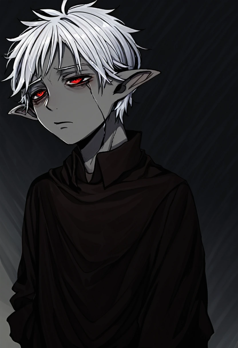 one young elf man, grey skin, short white hair, red eyes dark clothes, tired, sad
