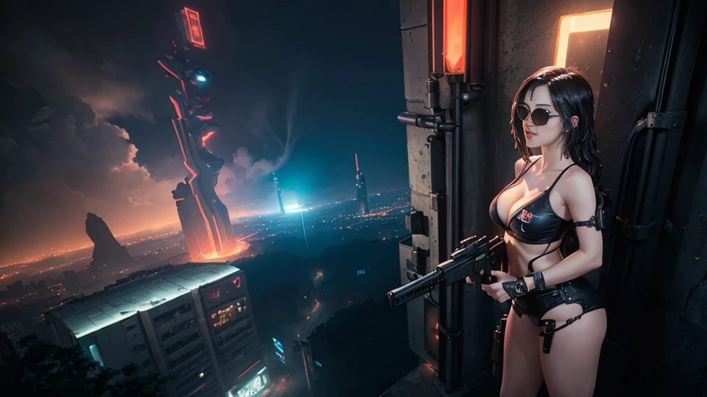 At night, dark sky, aerial view of fantasy cyberpunk style Moai-statue city, ((flying vehicle)). (1girl, solo), photo realistic, medium-breast:1.1 slim body, cleavage, sexy clothes, (black sunglasses), (((hip-up standing aiming pistol pose))), half-body thigh level medium shot, cinematic lighting.