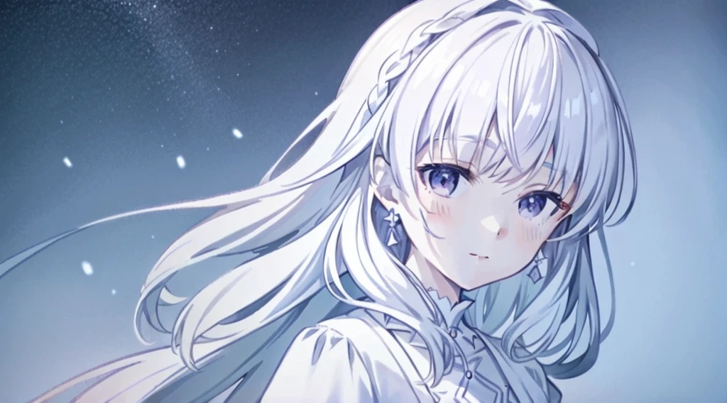 jinshi from wuthering waves, ​masterpiece, top-quality, illustratio,Snow、Platinum Earrings, Platinum Necklace, white dres, 1girl in, cute little, illuminating, delicated facial features, A detailed eye,  Many Small Gems、kirakira、A lot of rabbits、Pure white、monochromes、White background