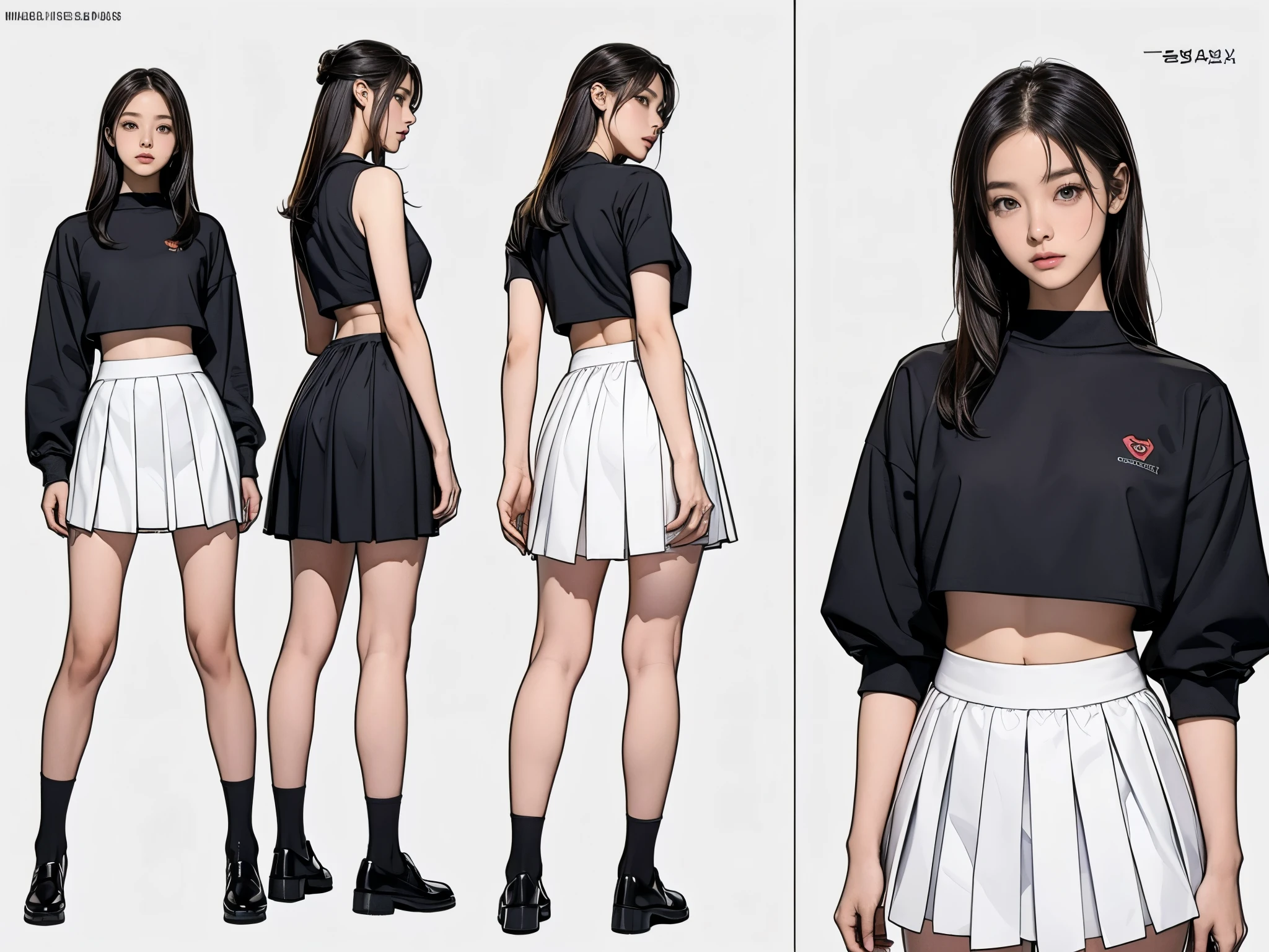((masterpiece,best quality;1.3,best illustration)),((character design sheet)) headphone , 1 woman ,19 year old attractive beauty ,Wearing the,seoul,Black crop top ,loafers , tutu's Hisilk 입고, ((no background)),