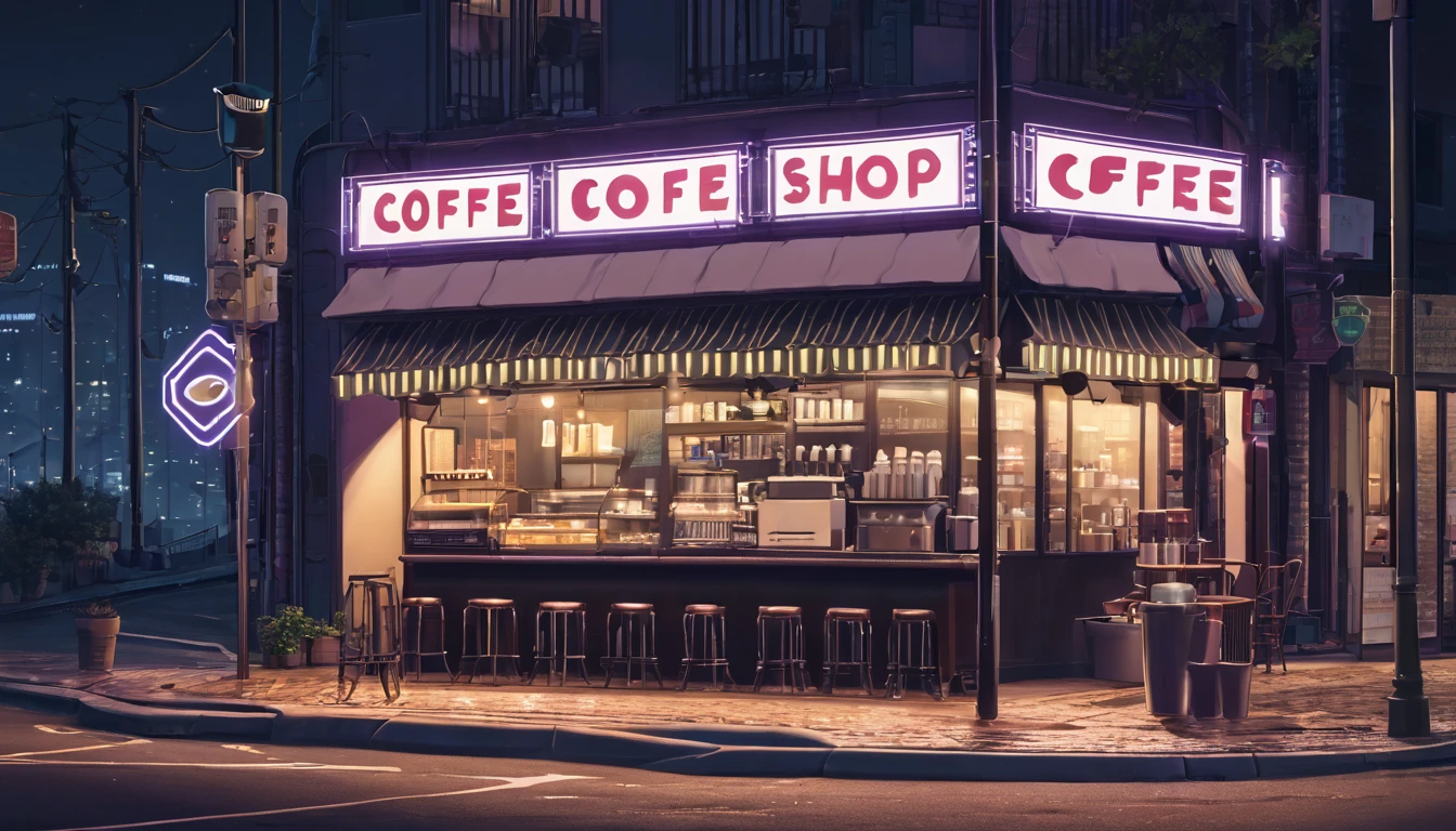 Generate an image of a deserted street at night with a lofi aesthetic coffee shop, highlighting the illuminated sign and the lamp posts in the background.