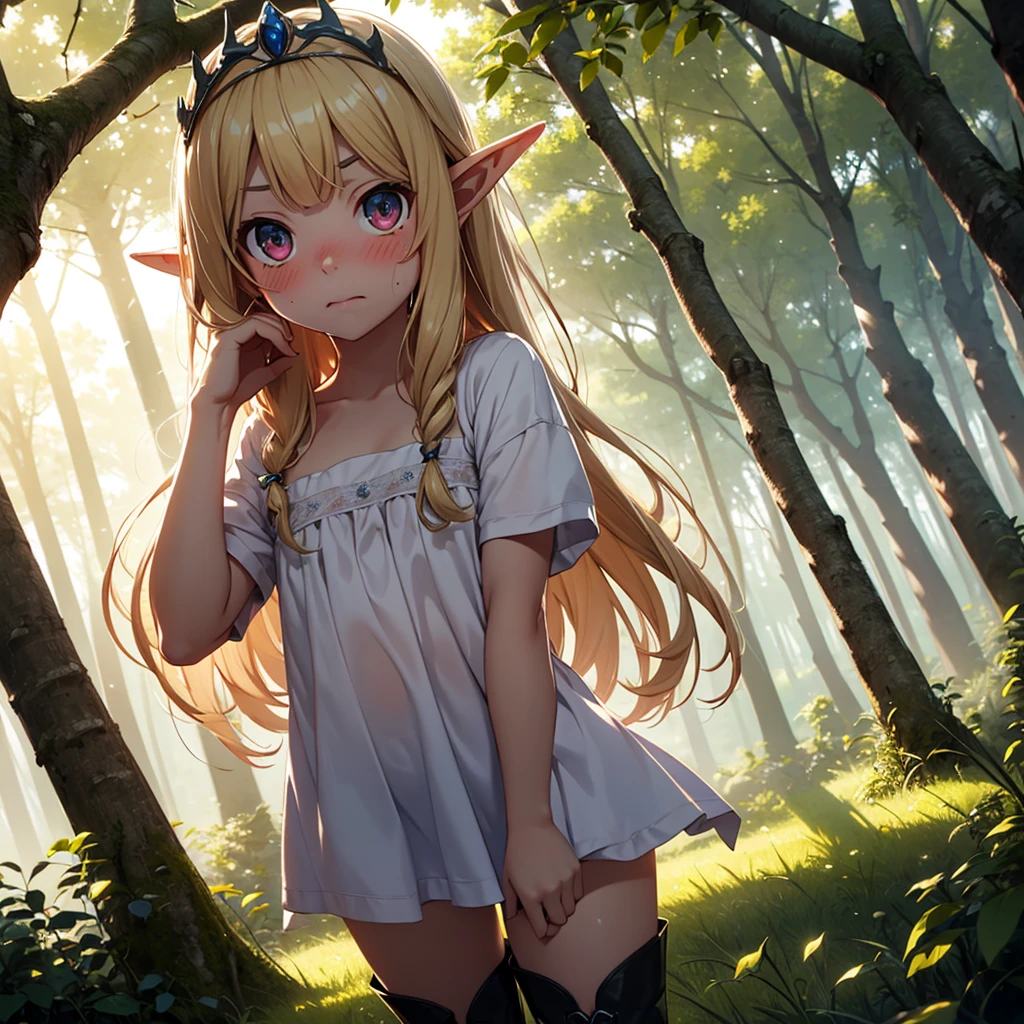 elf, blonde hair, long hair, sweat, steaming body, steam, steamy, smell, hot, hearts, spoken heart, embarrassed, full-face blush, blush, breath, heavy breathing, trees, nature, leaves, forest, sunlight, backlighting, looking_at_viewer, elf princess, tiara, masterpiece, high quality, large eyes, perfect face, absurdres, 4k, highly detailed, arms behind head, hands behind head, nude, small breasts, legs, from above, looking up, boots, flat chest, 1girl solo, solo focus, age regression,
