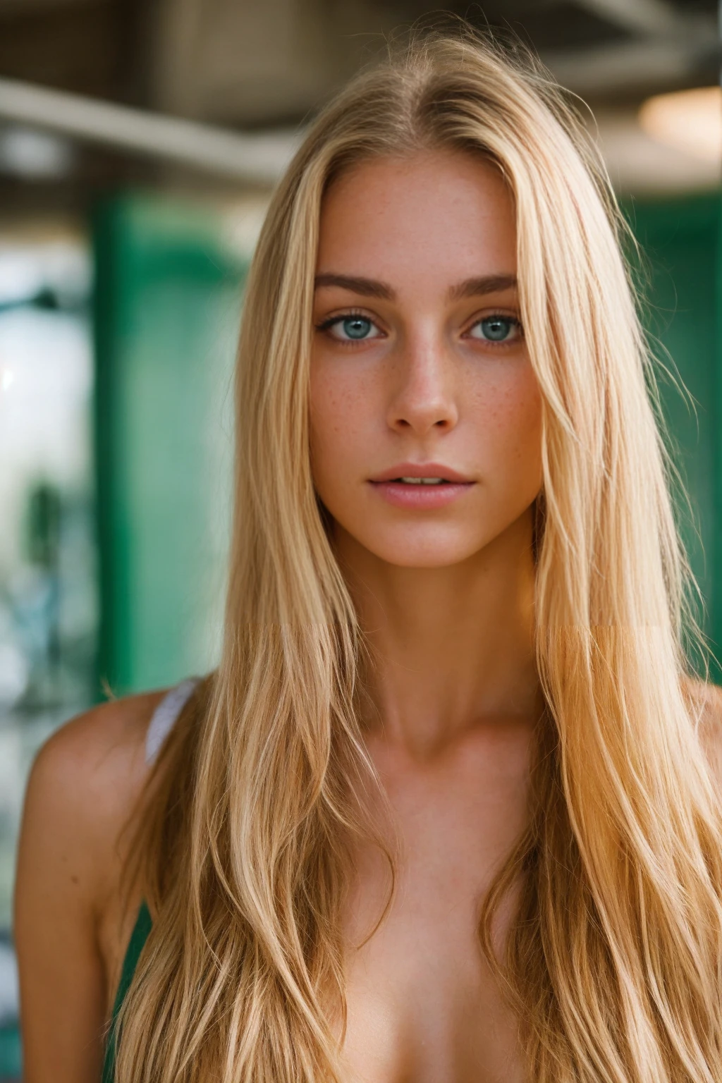 realistic, photorealistic, raw photo, 8K detailed skin, natural skin texture, realistic skin texture, picture-perfect face, film grain, HDR, high quality shadow, perfect anatomy, perfect symmetry:1.2, perfect face, happy, confident, soft lighting, depth of field, bokeh, ultra-high resolution, cinematic lighting, sharp focus, realistic hair strands, subtle facial expressions, vibrant colors,photo in the gym, a super realistic girl, Long blonde hair, large and pronounced bust, green eyes, Great cleavage, working out